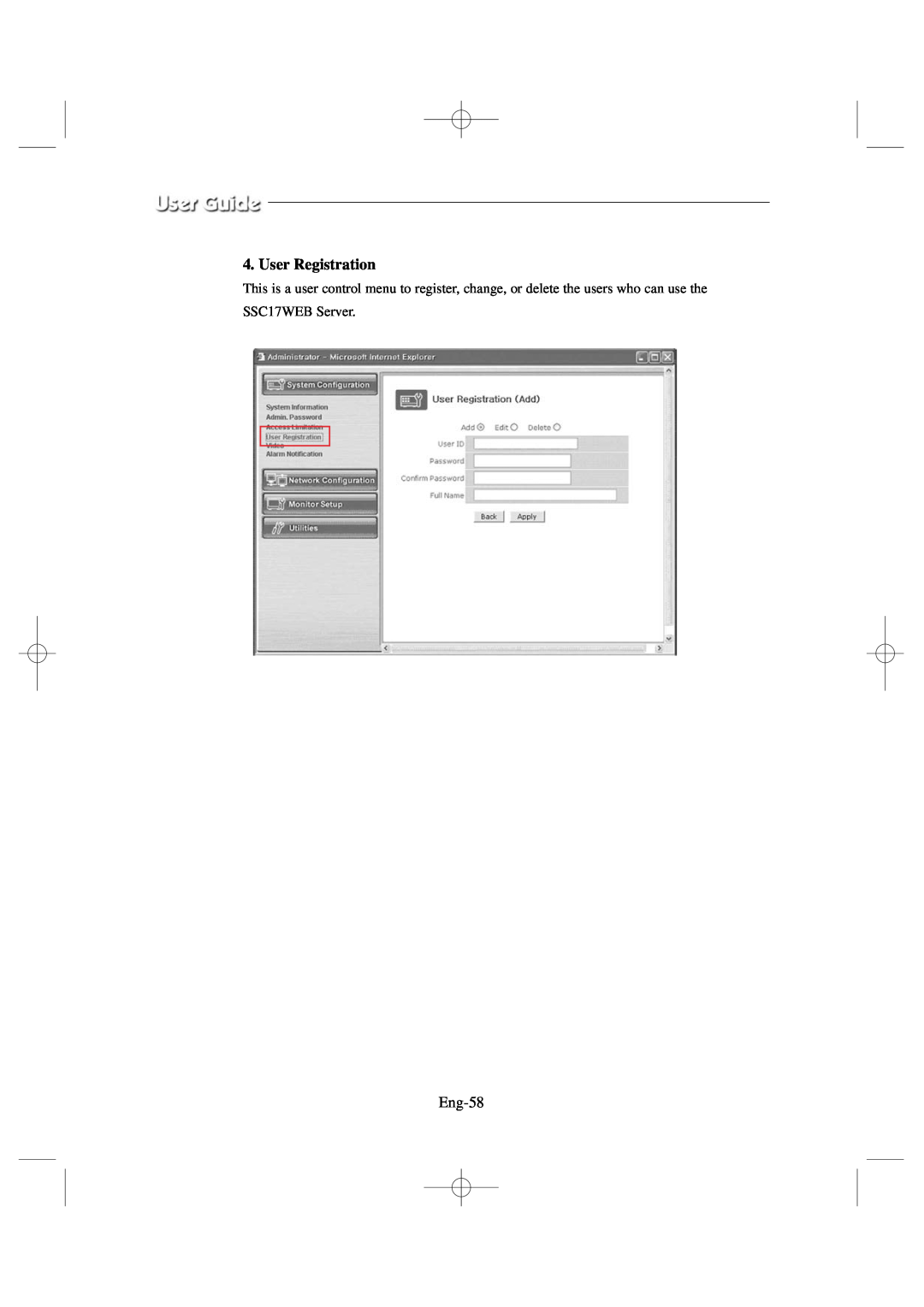 Samsung SSC17WEB manual User Registration, Eng-58 