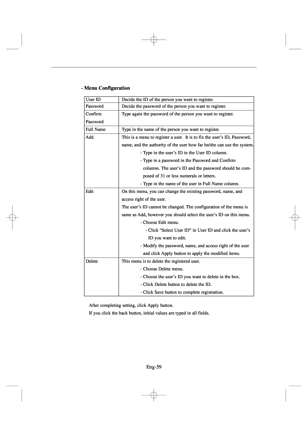 Samsung SSC17WEB manual Menu Configuration, Eng-59 