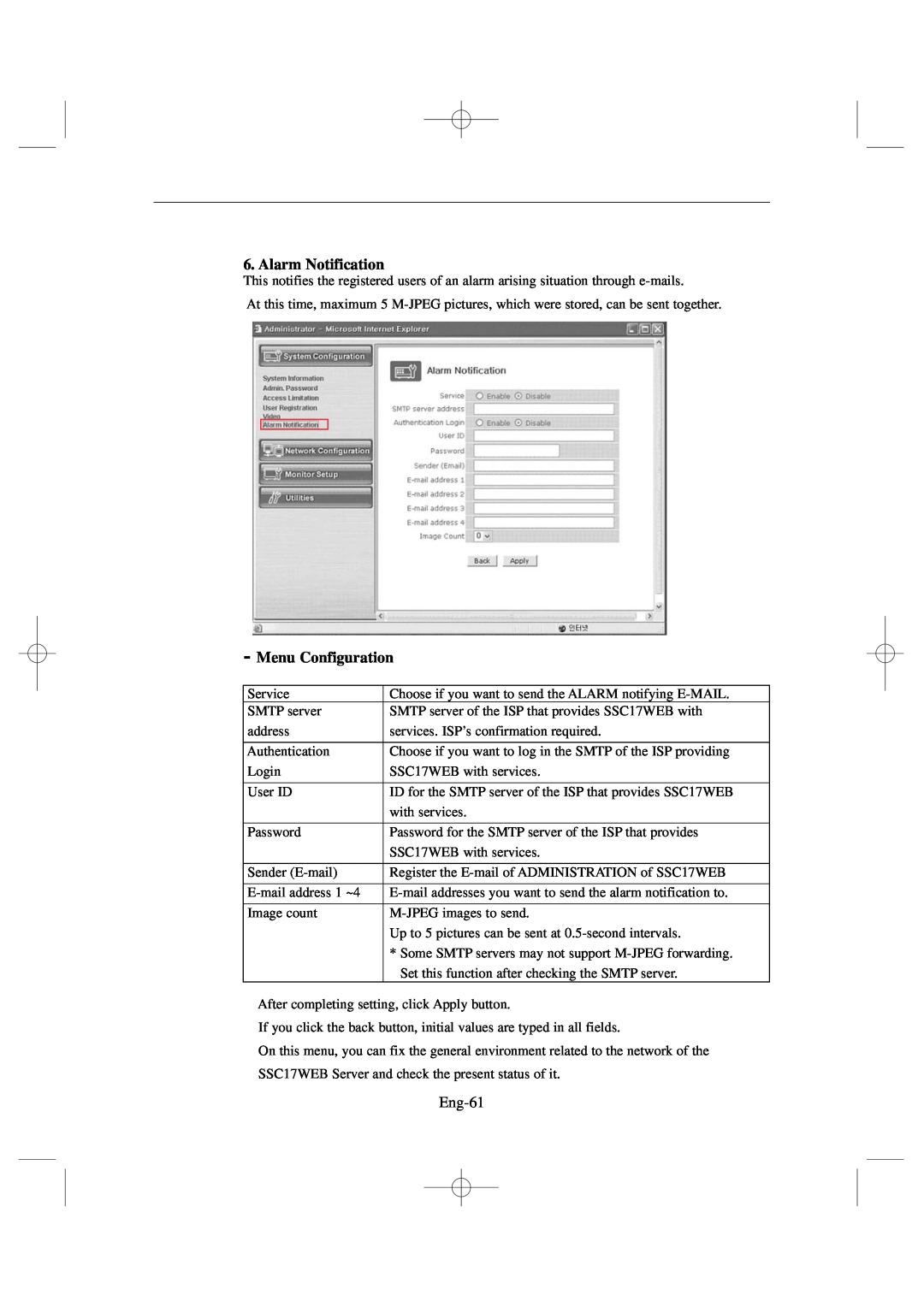 Samsung SSC17WEB manual Alarm Notification, Menu Configuration, Eng-61 