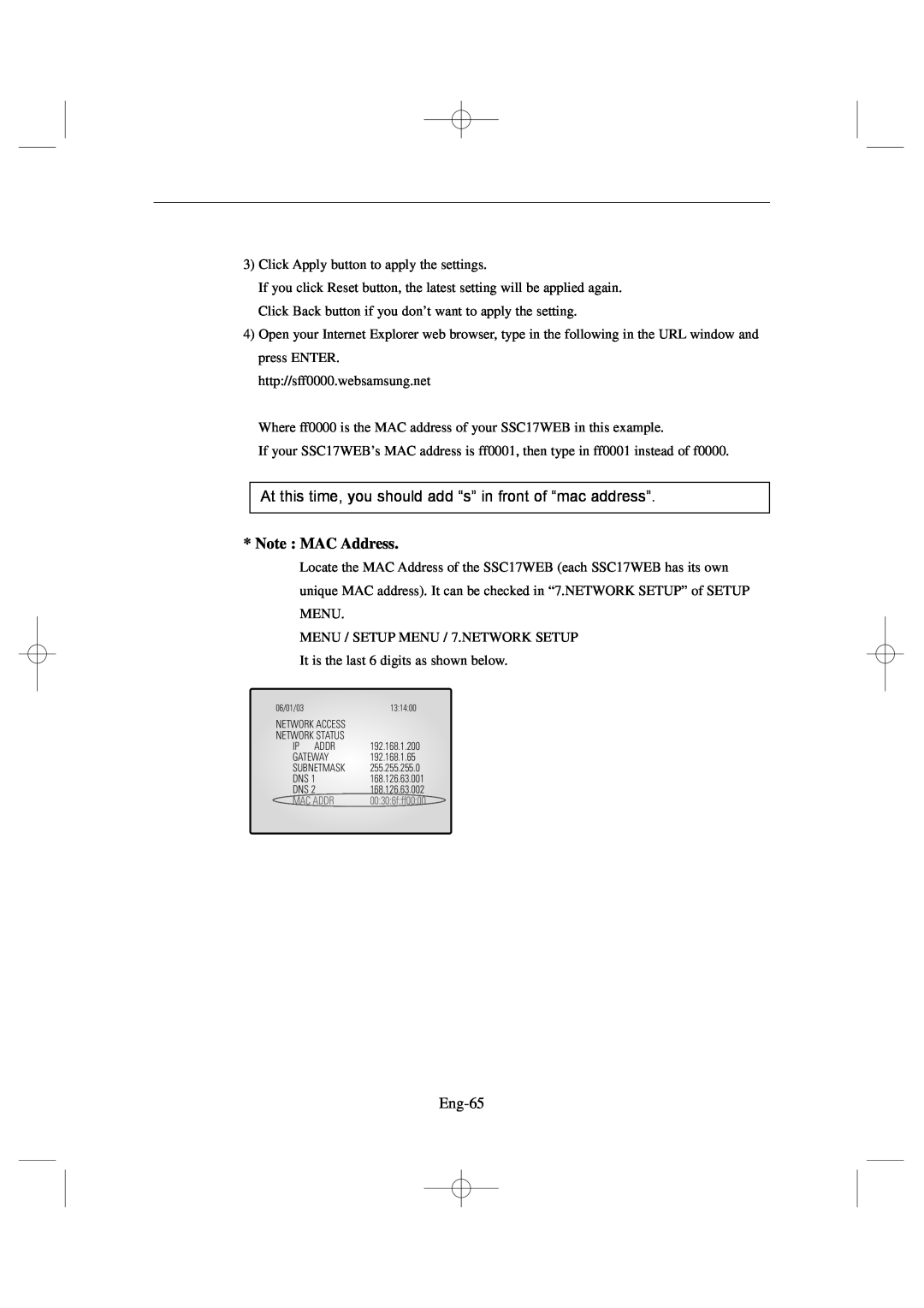 Samsung SSC17WEB manual Note MAC Address, Eng-65 