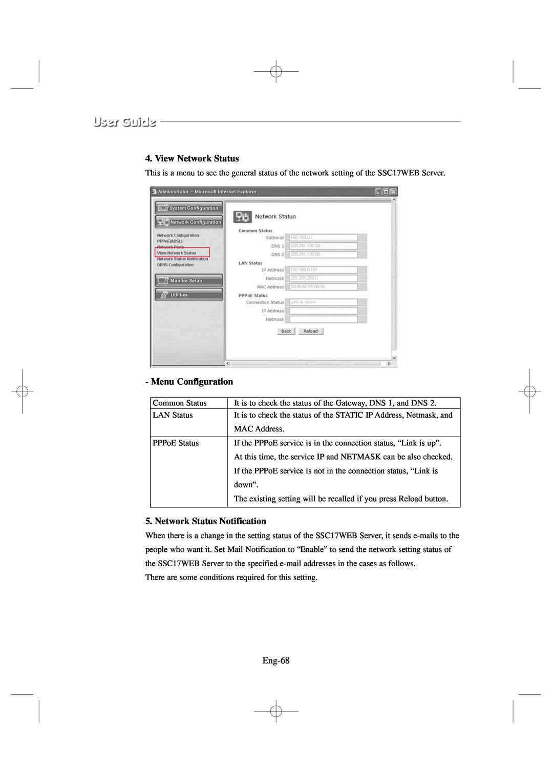 Samsung SSC17WEB manual View Network Status, Network Status Notification, Menu Configuration, Eng-68 