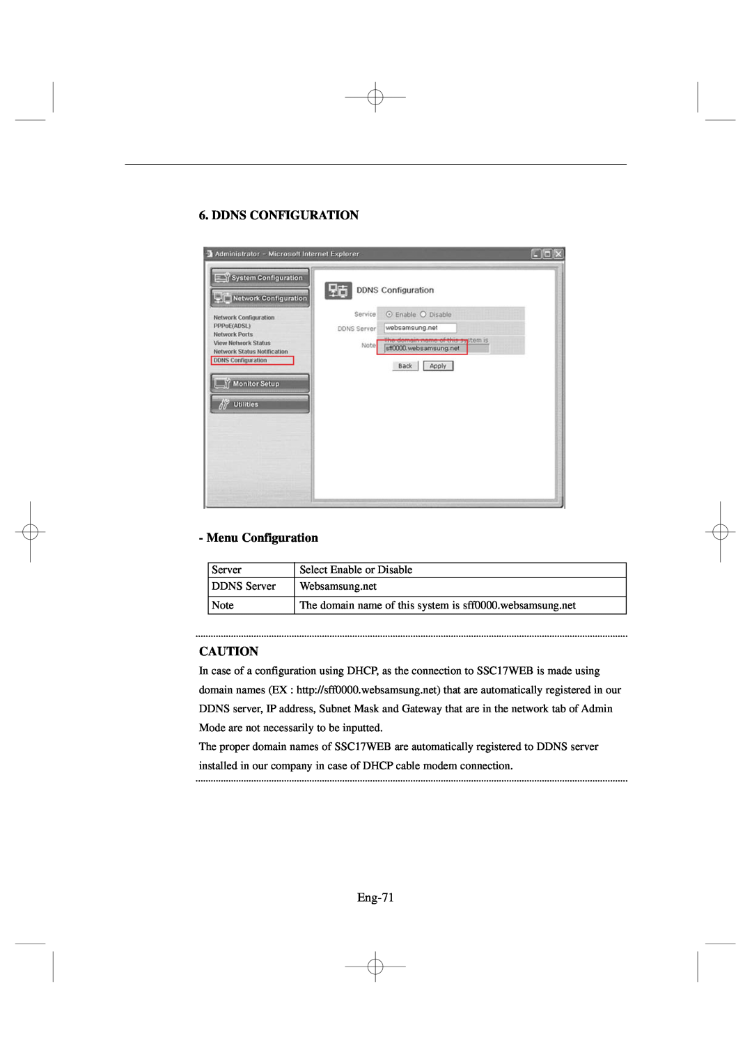 Samsung SSC17WEB manual DDNS CONFIGURATION Menu Configuration, Eng-71 