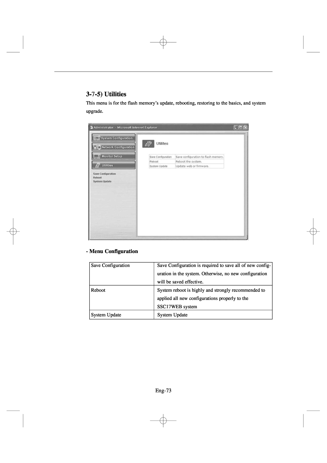 Samsung SSC17WEB manual 3-7-5Utilities, Menu Configuration, Eng-73 