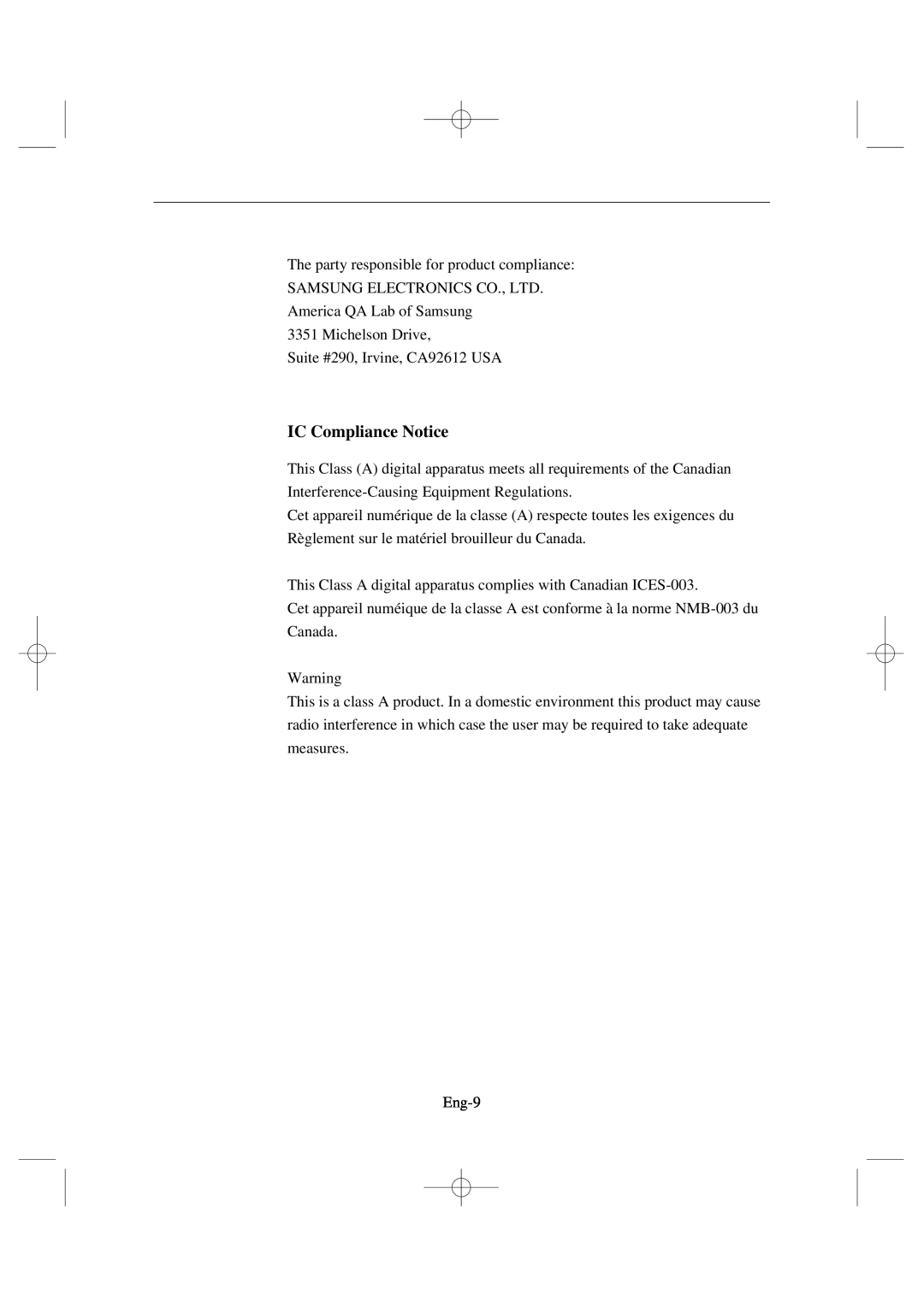 Samsung SSC17WEB manual IC Compliance Notice 