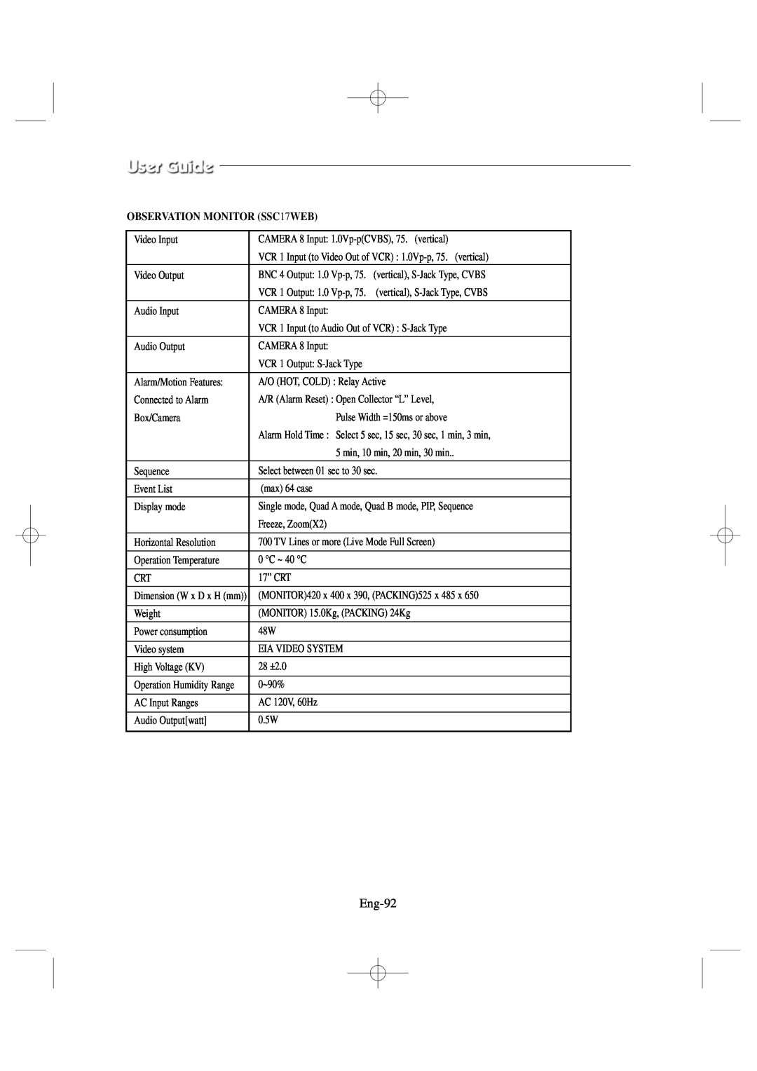 Samsung manual Eng-92, OBSERVATION MONITOR SSC17WEB 
