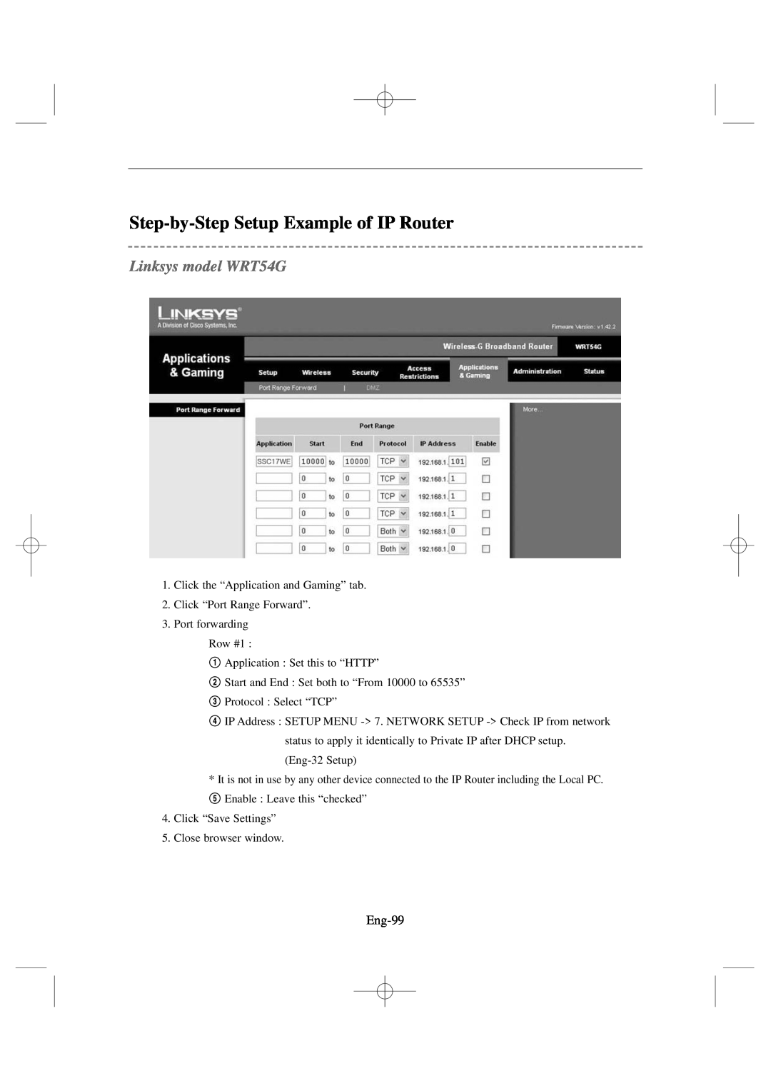 Samsung SSC17WEB manual Step-by-StepSetup Example of IP Router, Linksys model WRT54G 