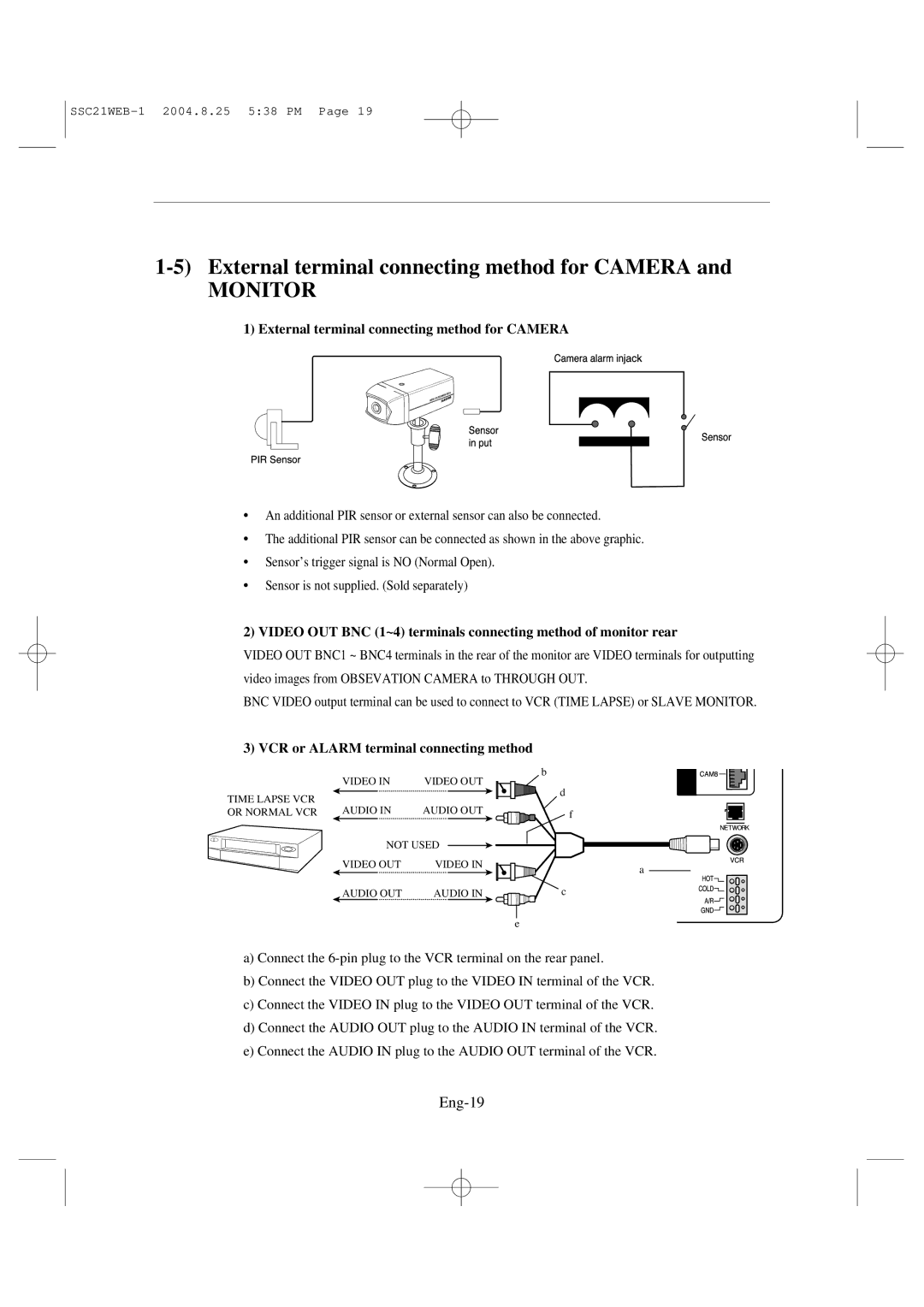 Samsung SSC21WEB manual External terminal connecting method for Camera, Eng-19, VCR or Alarm terminal connecting method 