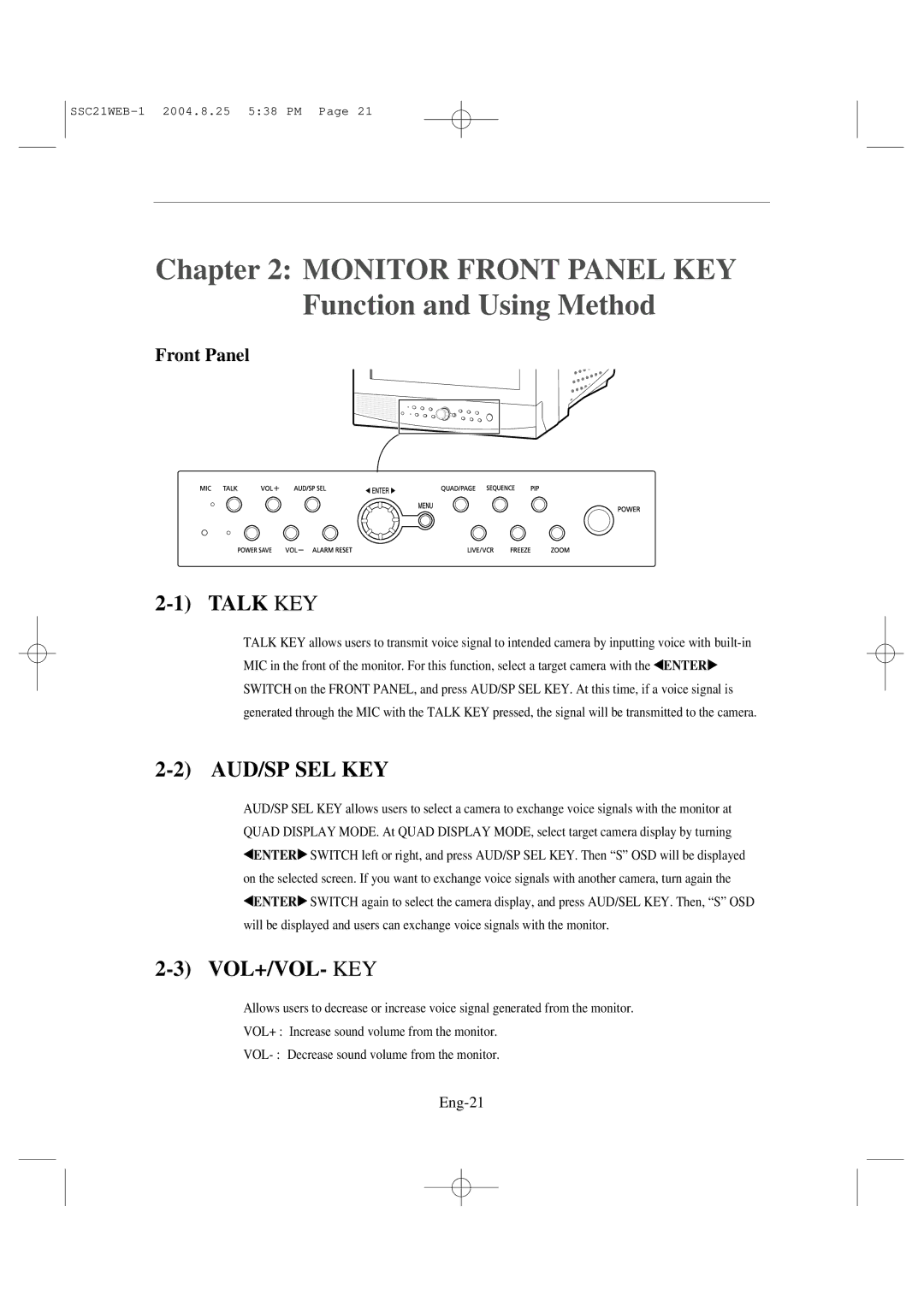 Samsung SSC21WEB manual Vol+/Vol- Key, Eng-21 