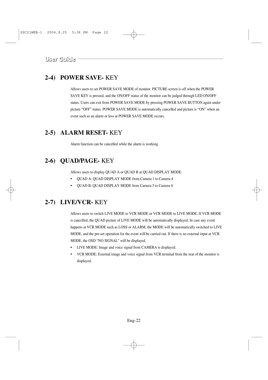 Samsung SSC21WEB manual Power Save KEY, Eng-22 