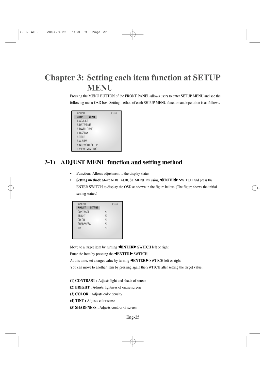 Samsung SSC21WEB manual Adjust Menu function and setting method, Eng-25 