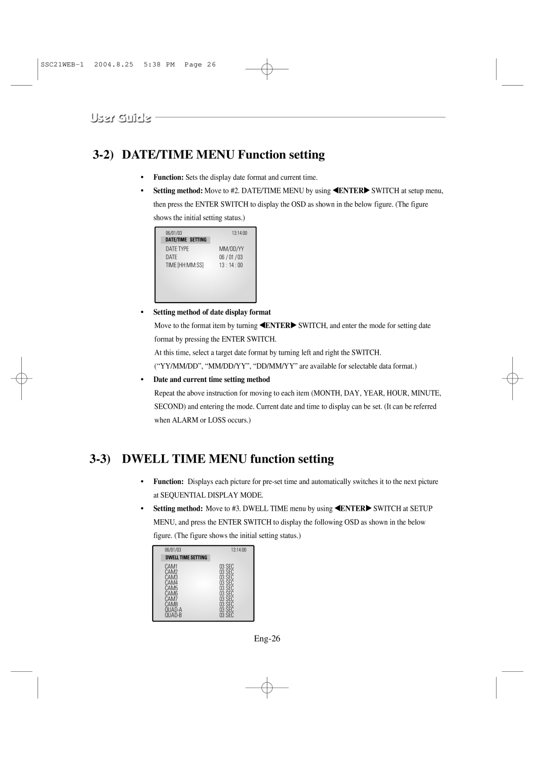 Samsung SSC21WEB manual DATE/TIME Menu Function setting, Dwell Time Menu function setting, Eng-26 