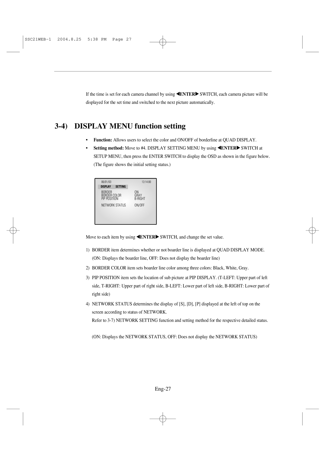 Samsung SSC21WEB manual Display Menu function setting, Eng-27 