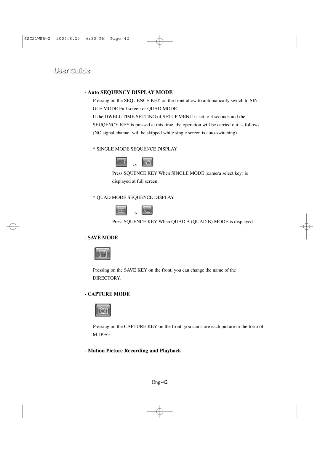 Samsung SSC21WEB manual Auto Sequency Display Mode, Motion Picture Recording and Playback, Eng-42 