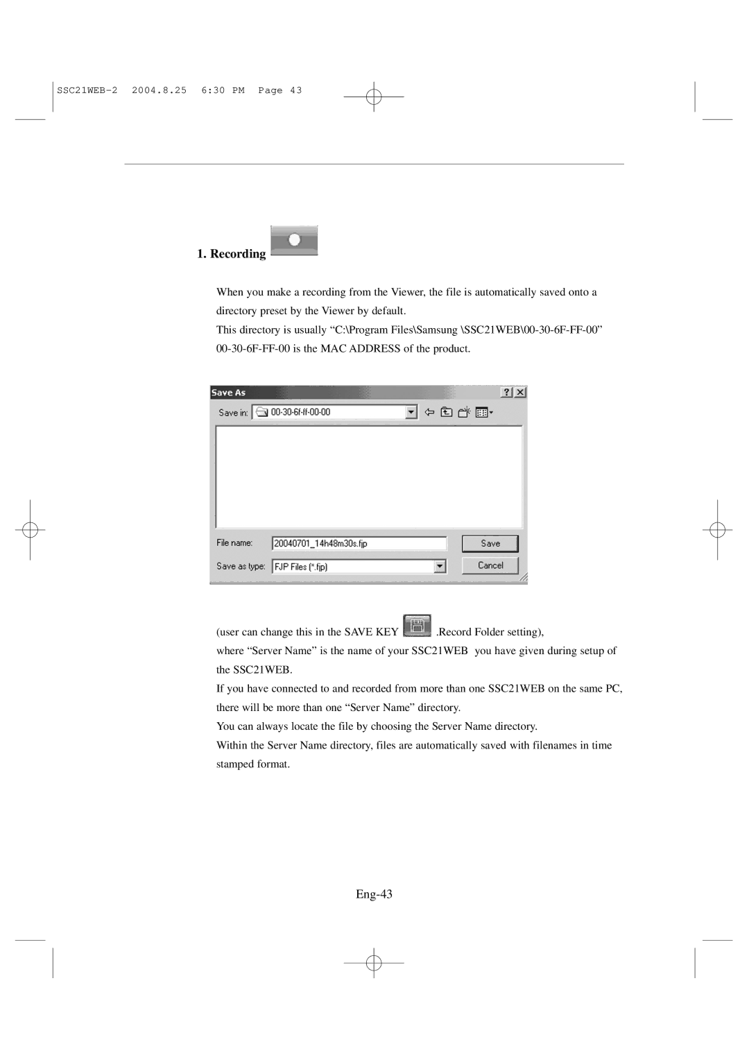 Samsung SSC21WEB manual Recording, Eng-43 
