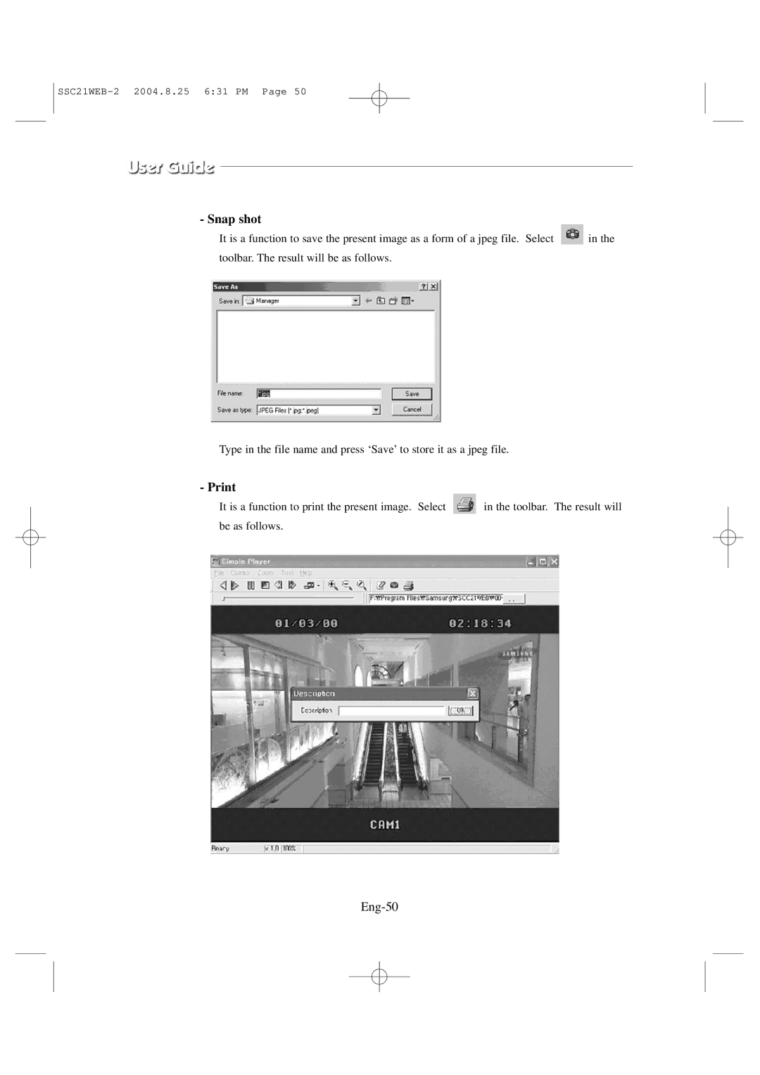 Samsung SSC21WEB manual Snap shot, Print, Eng-50 