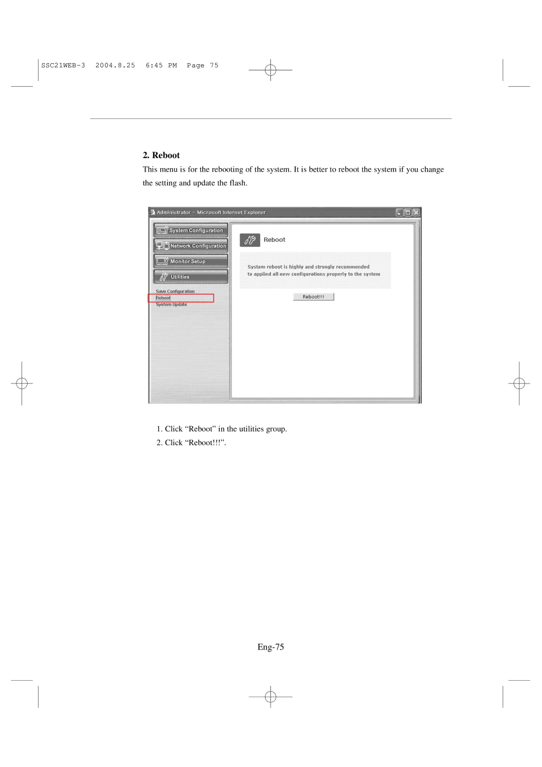 Samsung SSC21WEB manual Reboot, Eng-75 