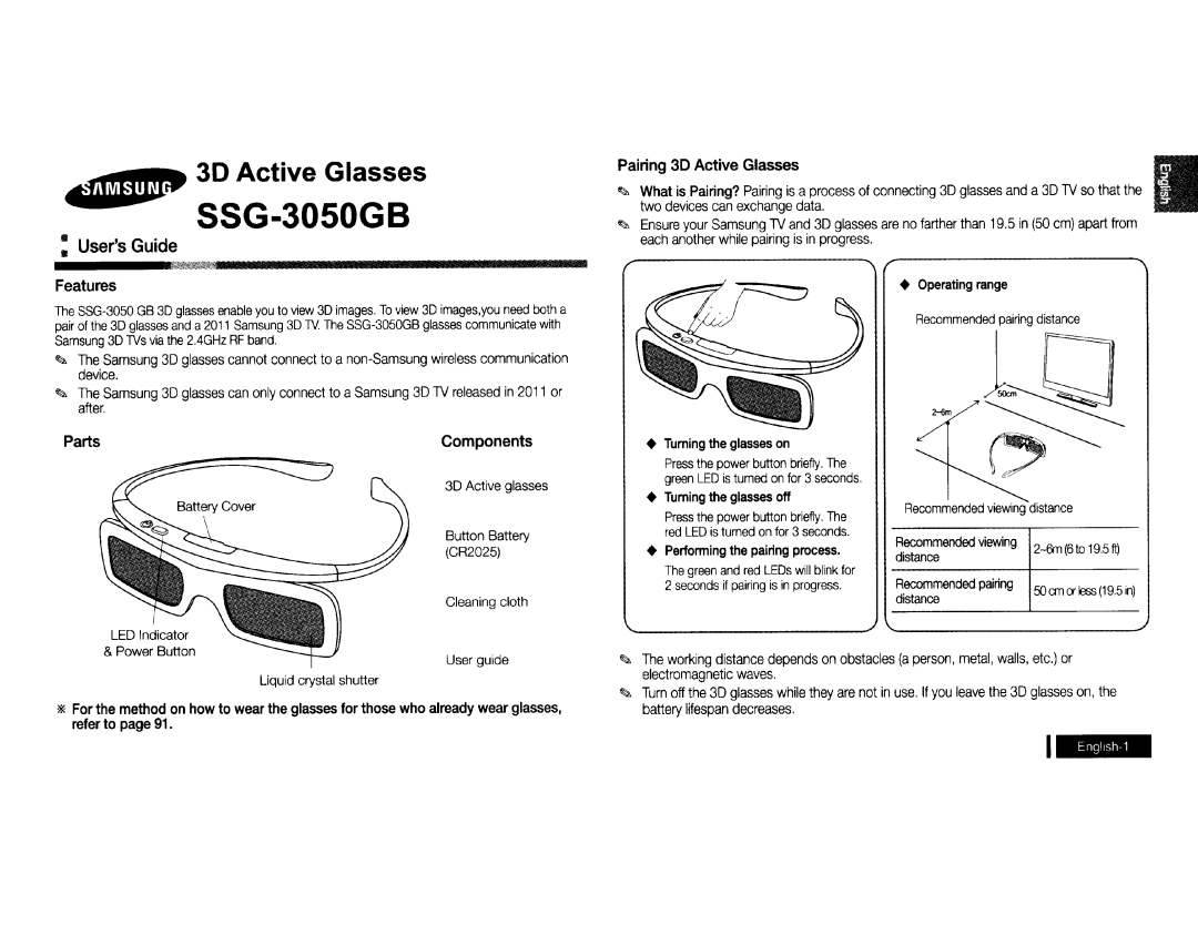 Samsung SSG-3050GB manual UsersGuide, Features, Parts Components, Pairing 3D Active Glasses 