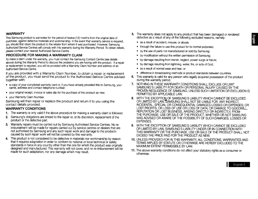 Samsung SSG-3050GB Procedure for Making a Warranty Claim, Together with, Contact details provided, Warranty Conditions 