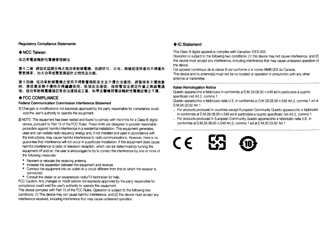 Samsung SSG-3050GB manual +NCCTaiwan, +FCC Compliance, +IC Statement, · ~-~I·~~-~~ifm.n~~~~· m~~~~~z.~~ 