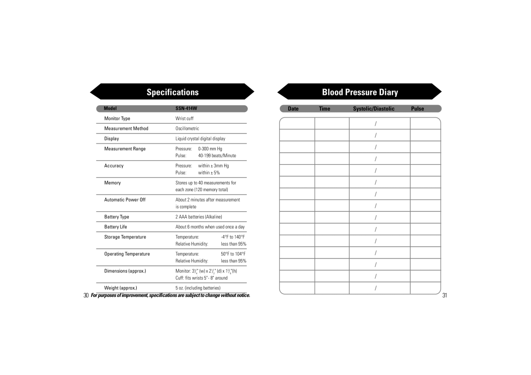 Samsung SSN-414W owner manual Specifications, Blood Pressure Diary 