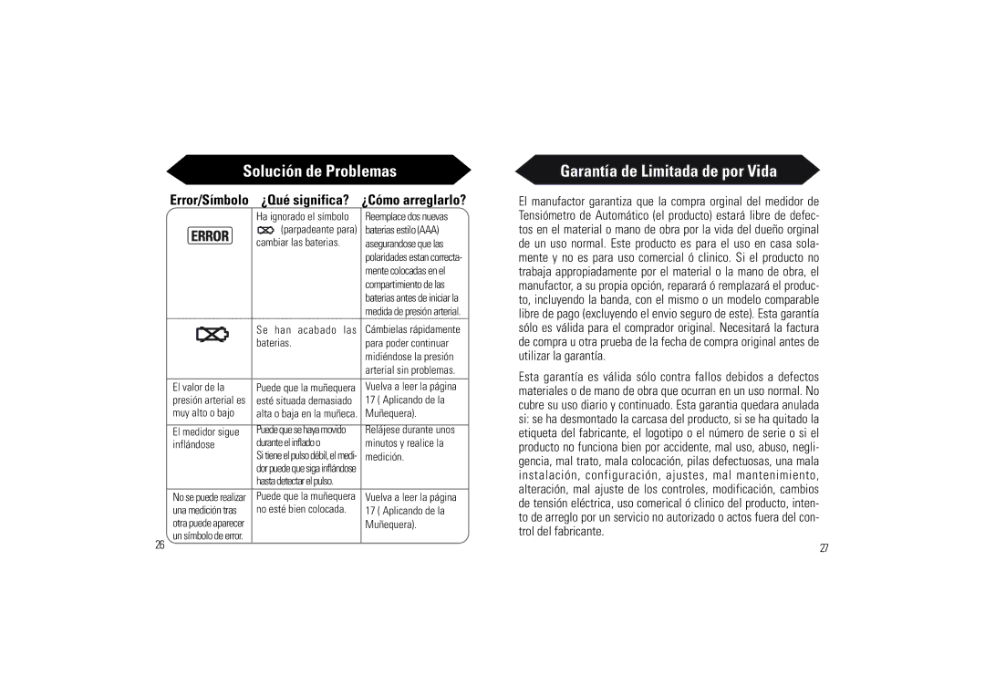 Samsung SSN-414W owner manual Garantía de Limitada de por Vida, Cambiar las baterias 