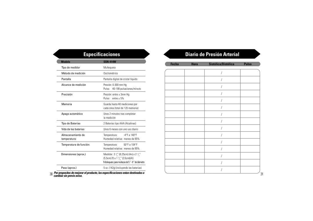 Samsung SSN-414W owner manual Especificaciones, Diario de Presión Arterial 
