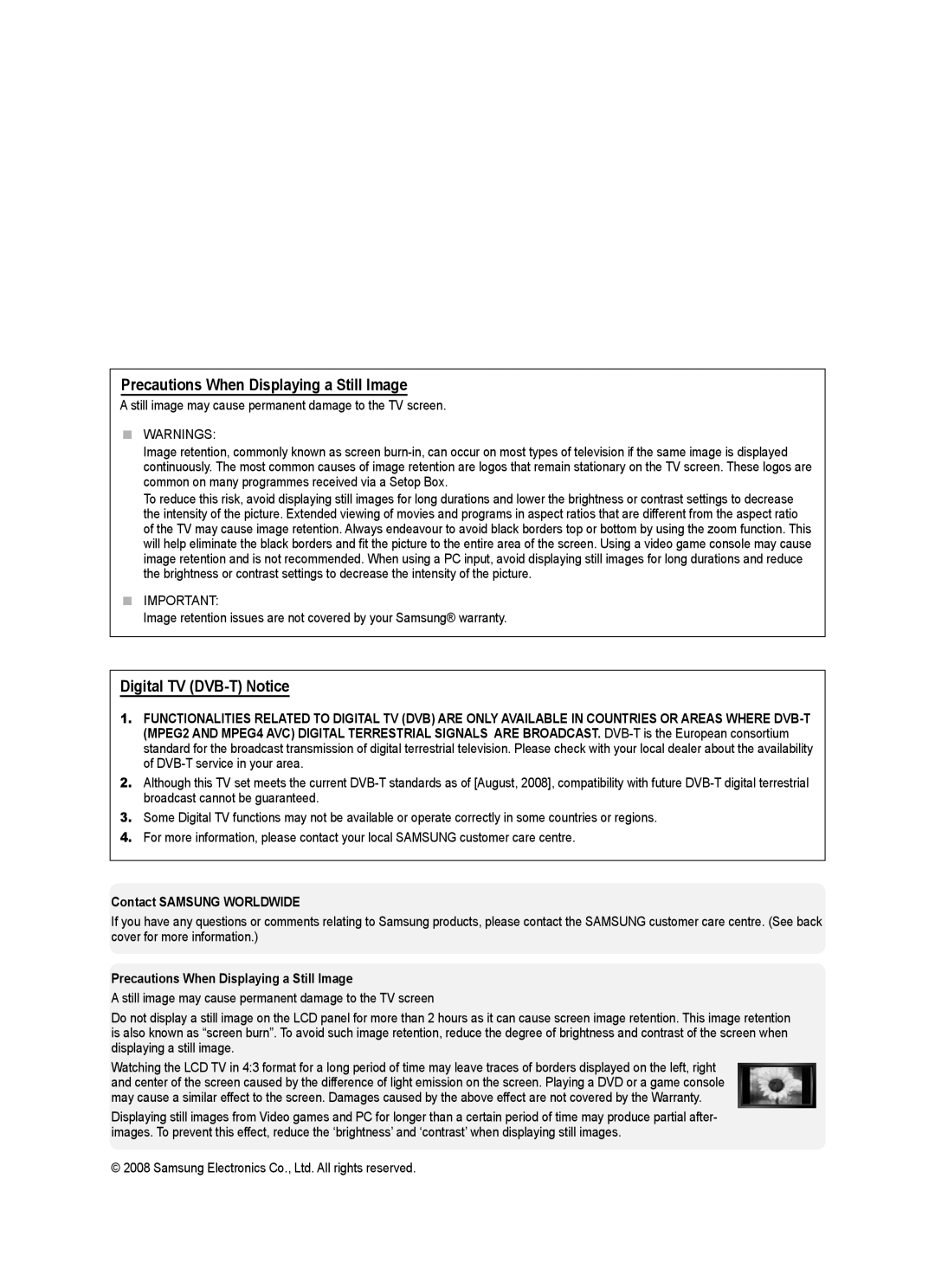 Samsung ST-305, ST-510 Precautions When Displaying a Still Image, Digital TV DVB-T Notice, Contact Samsung Worldwide 