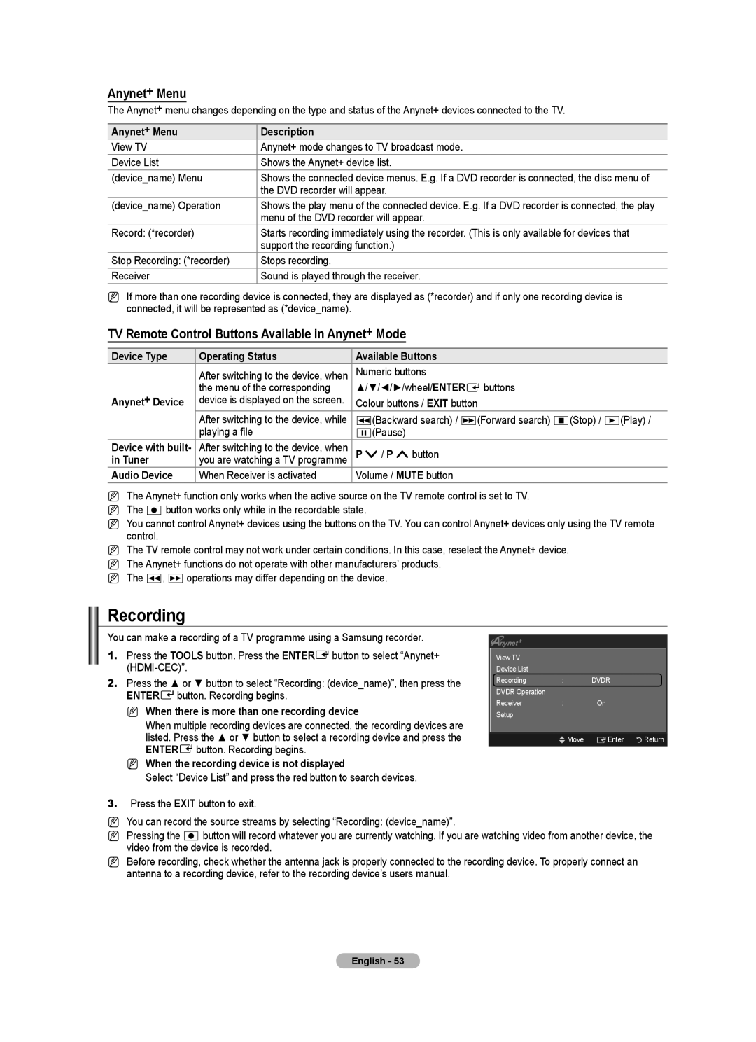 Samsung ST-510, ST-305 user manual Recording, Anynet+ Menu, TV Remote Control Buttons Available in Anynet+ Mode 