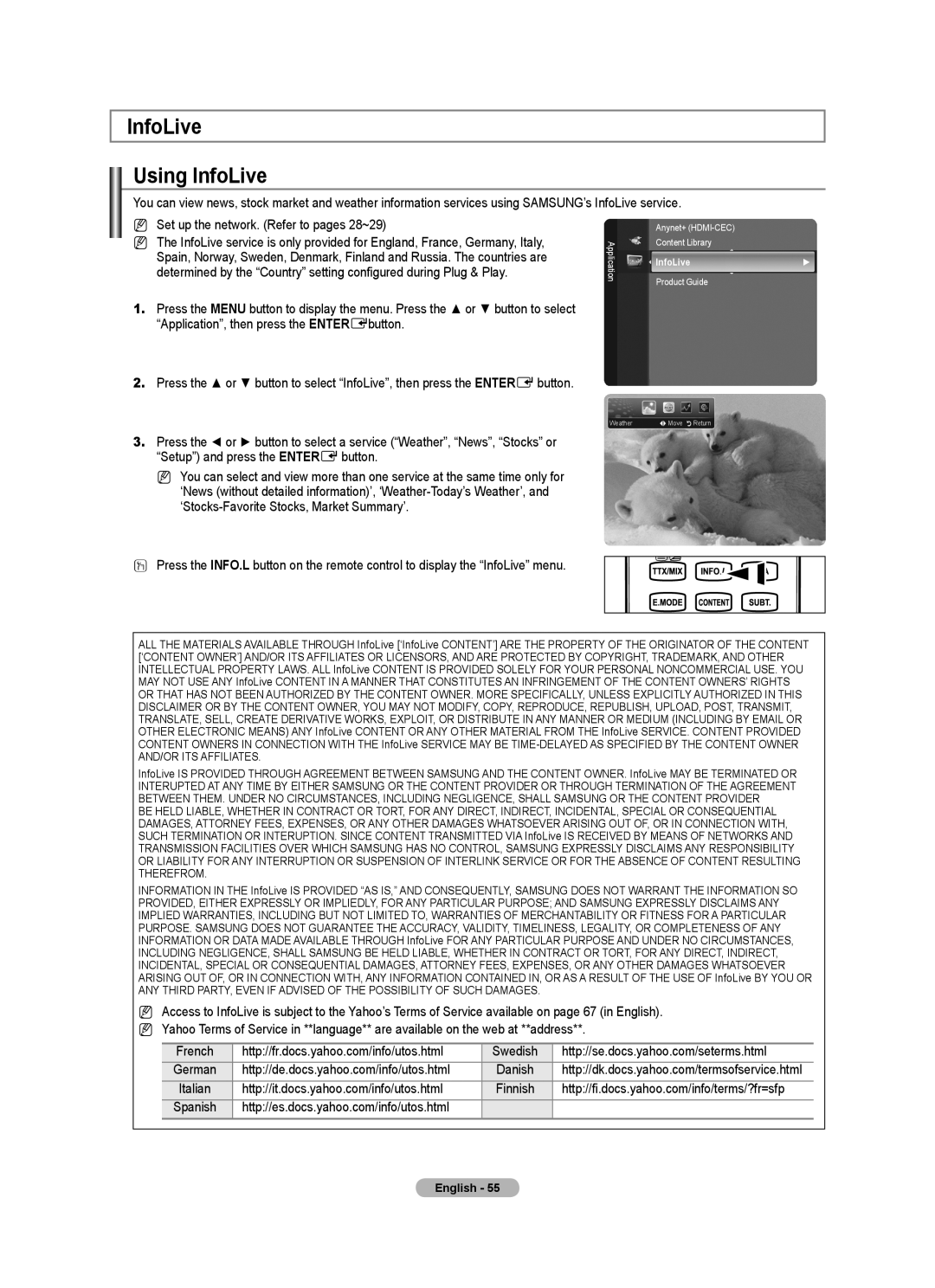 Samsung ST-510, ST-305 user manual InfoLive Using InfoLive, Application, then press the ENTEREbutton 