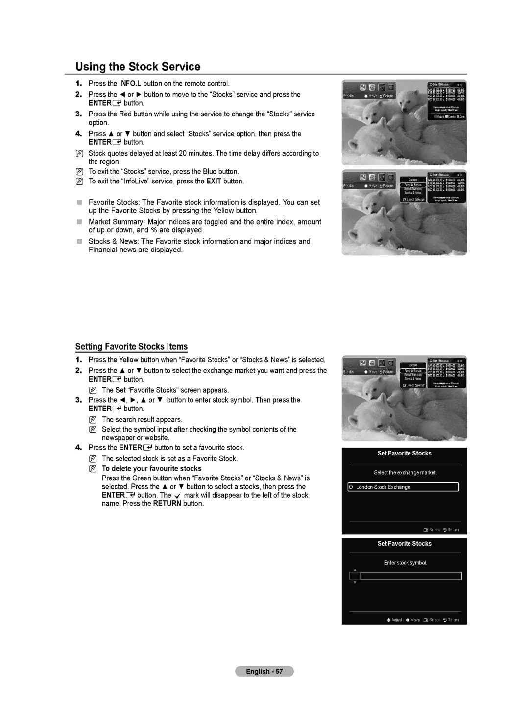 Samsung ST-510, ST-305 user manual Using the Stock Service, Setting Favorite Stocks Items, To delete your favourite stocks 