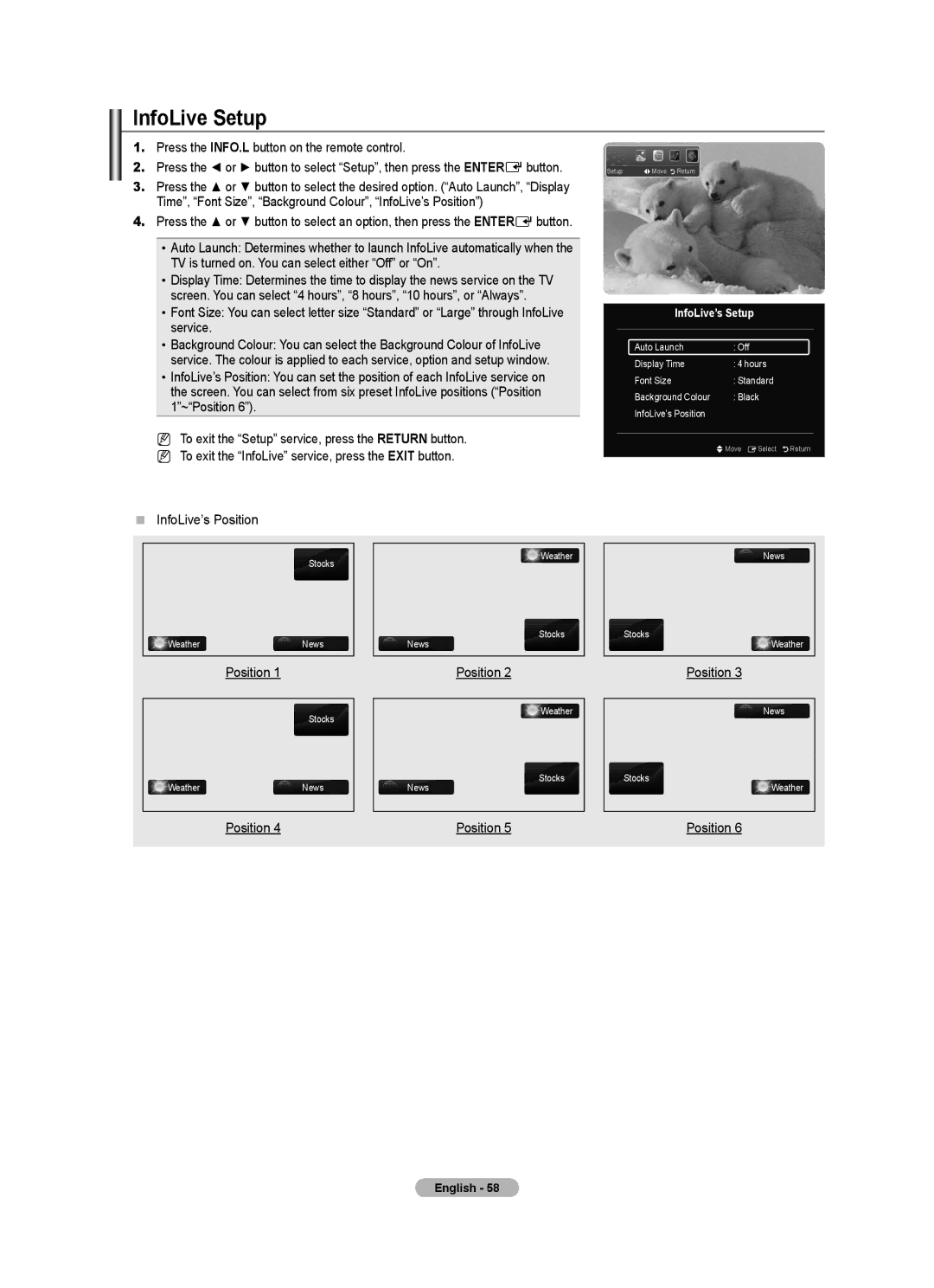 Samsung ST-305, ST-510 user manual InfoLive Setup,  InfoLive’s Position 