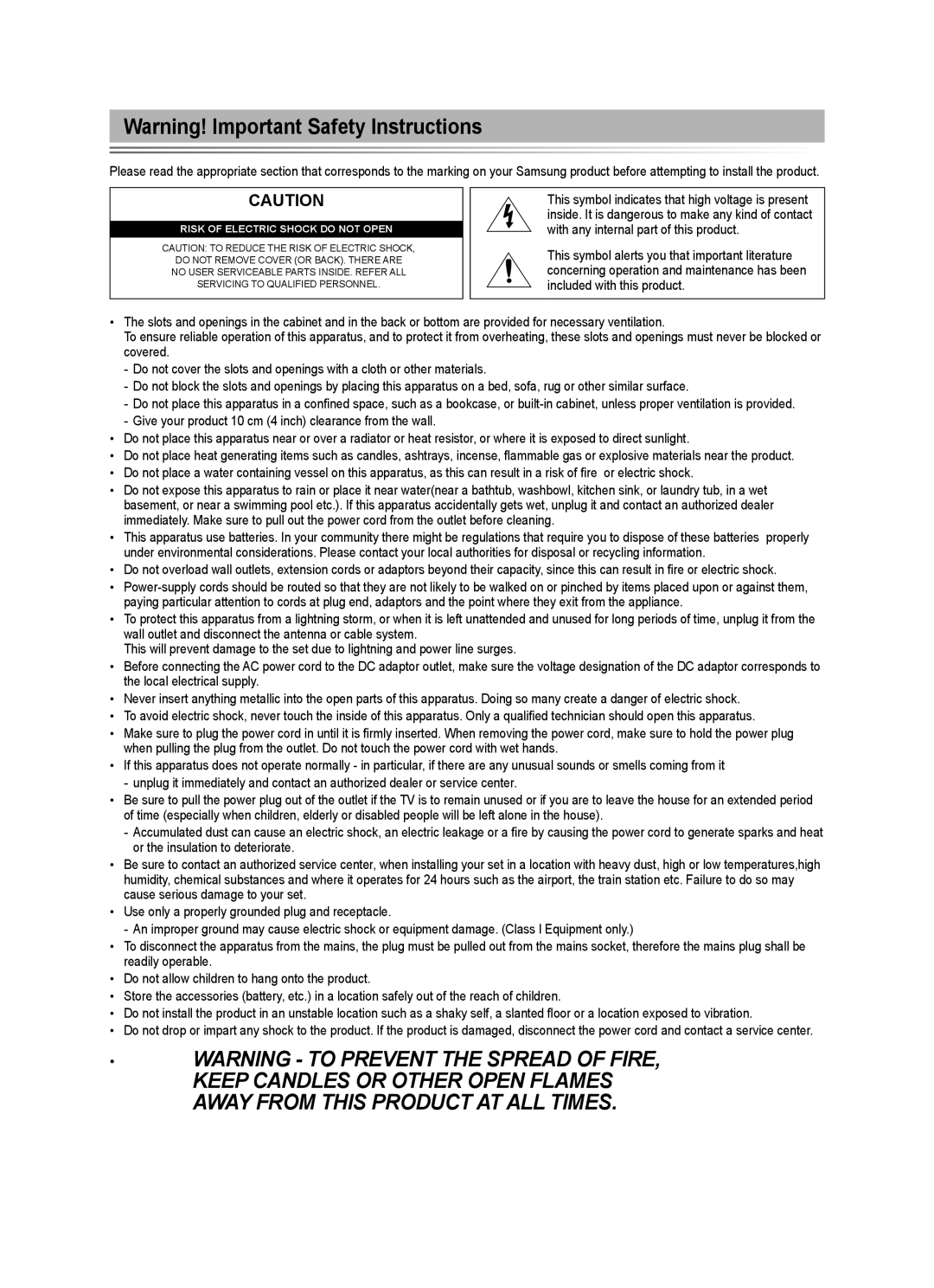 Samsung ST-510, ST-305 user manual Risk of Electric Shock do not Open 