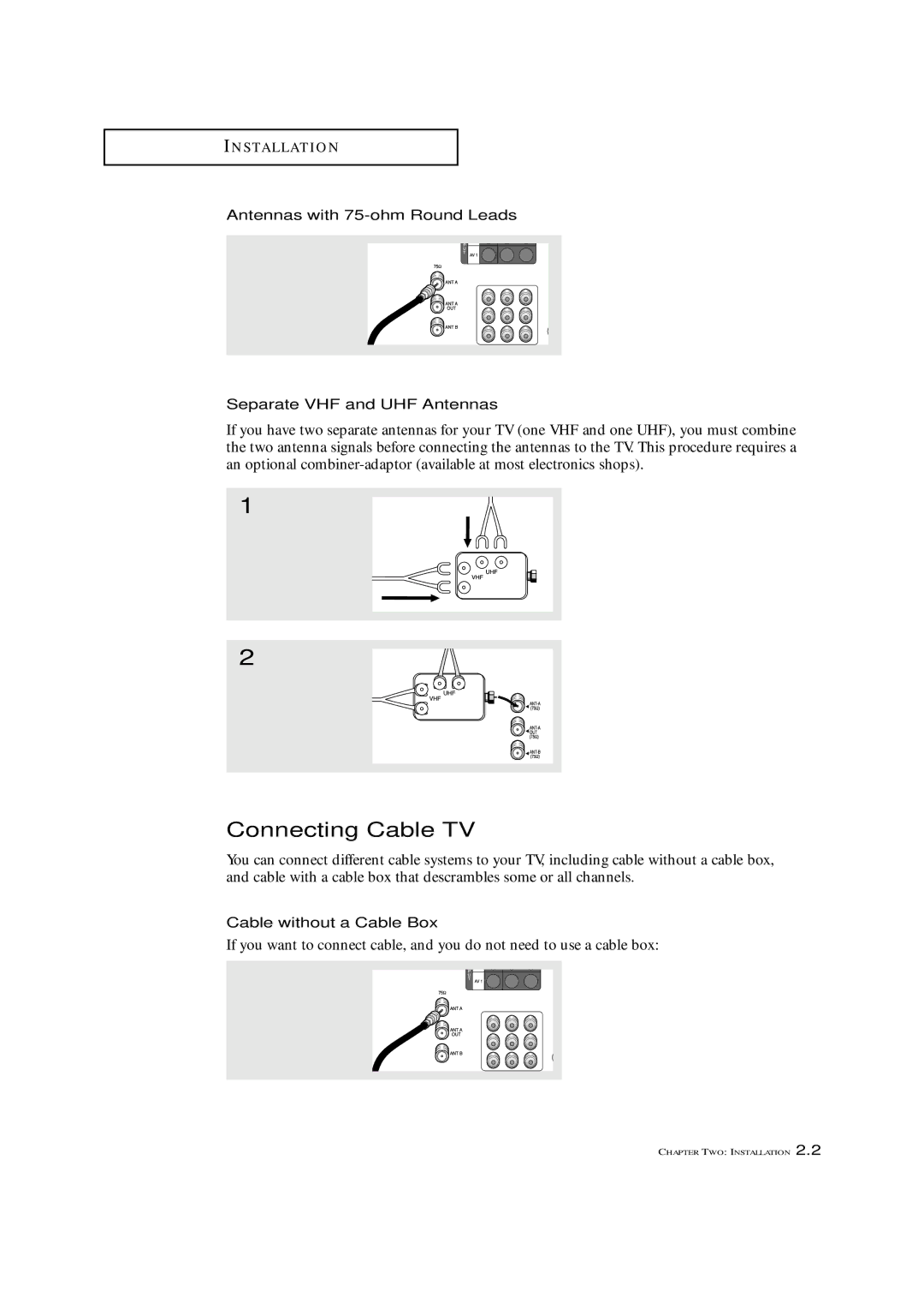 Samsung ST-42W5P manual Connecting Cable TV, Antennas with 75-ohm Round Leads, Separate VHF and UHF Antennas 