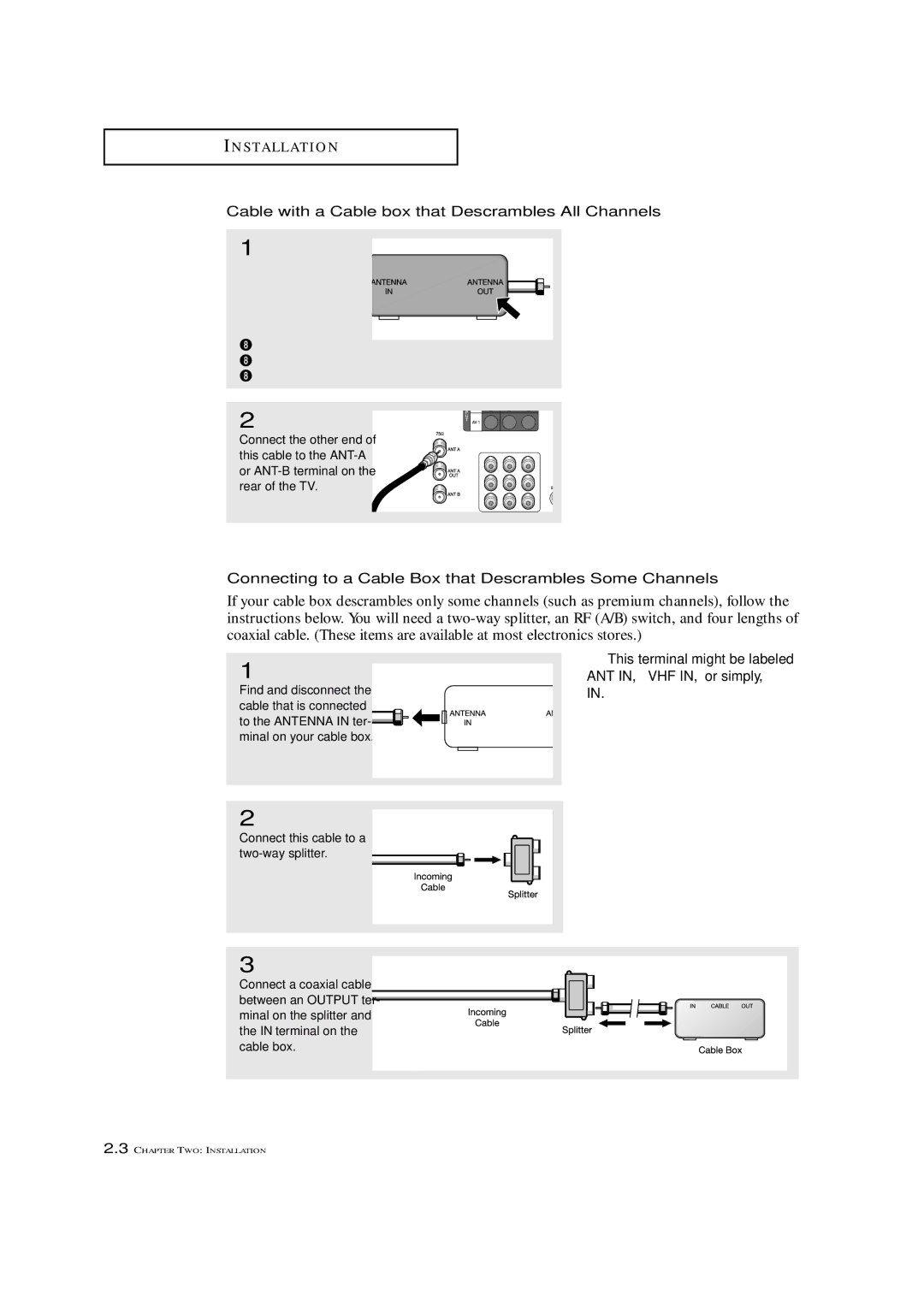 Samsung ST-42W5P manual Cable with a Cable box that Descrambles All Channels, This terminal might be labeled 