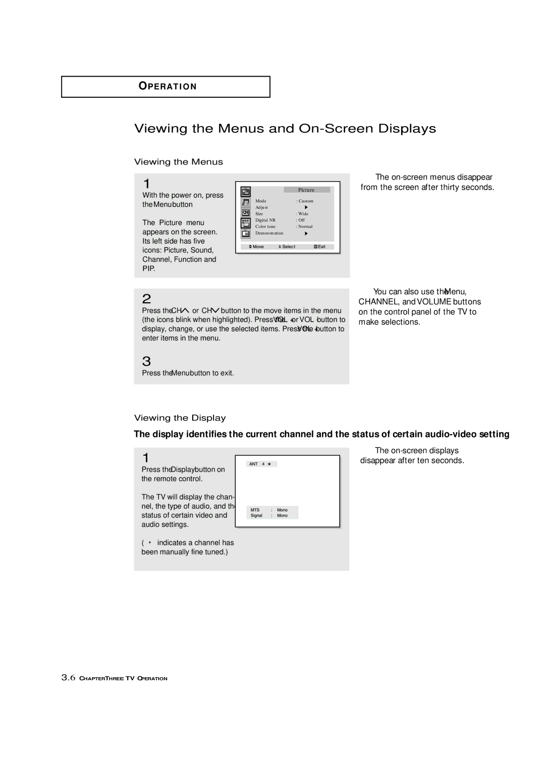 Samsung ST-42W5P manual Viewing the Menus and On-Screen Displays, Viewing the Display 