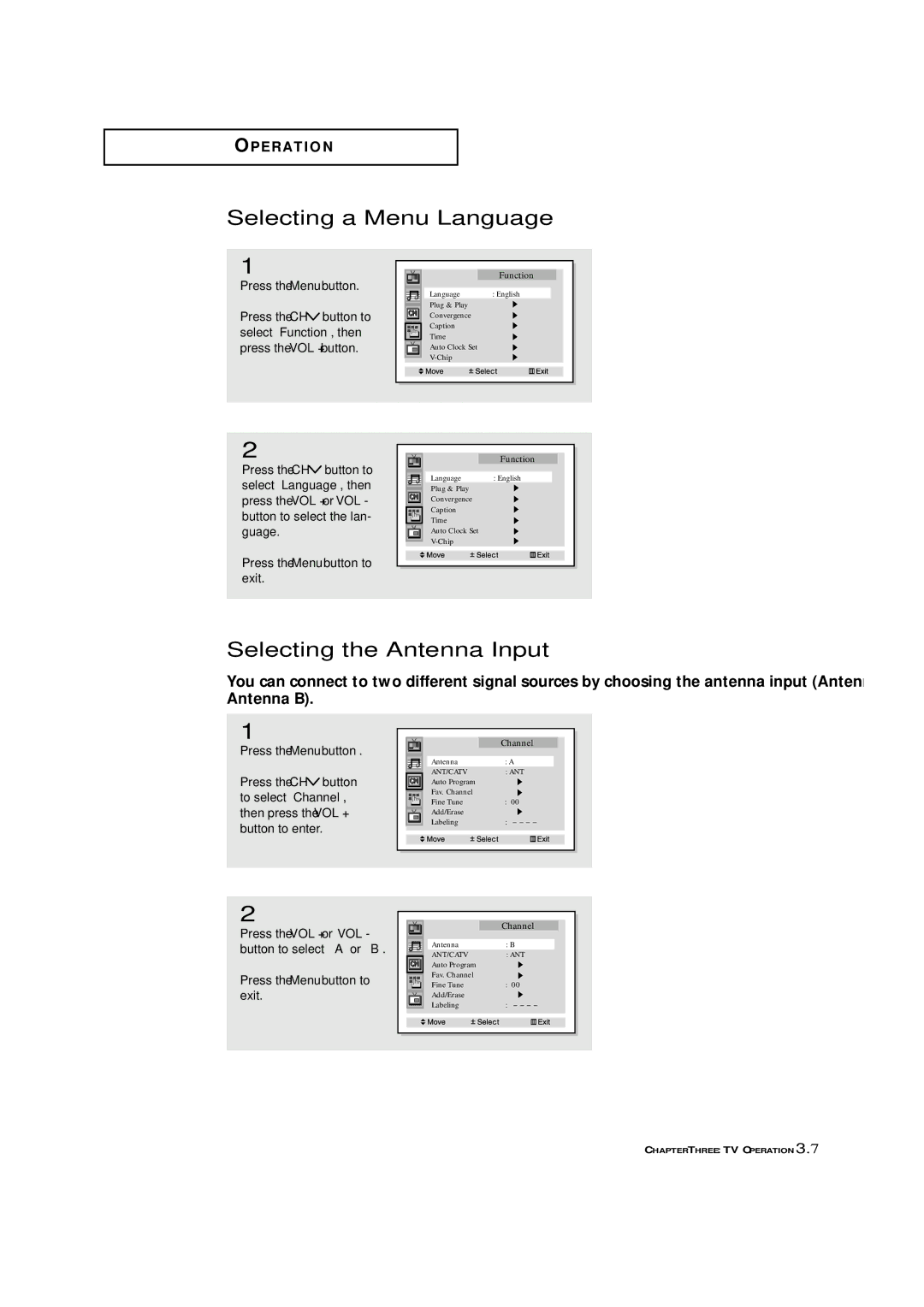 Samsung ST-42W5P manual Selecting a Menu Language, Selecting the Antenna Input 