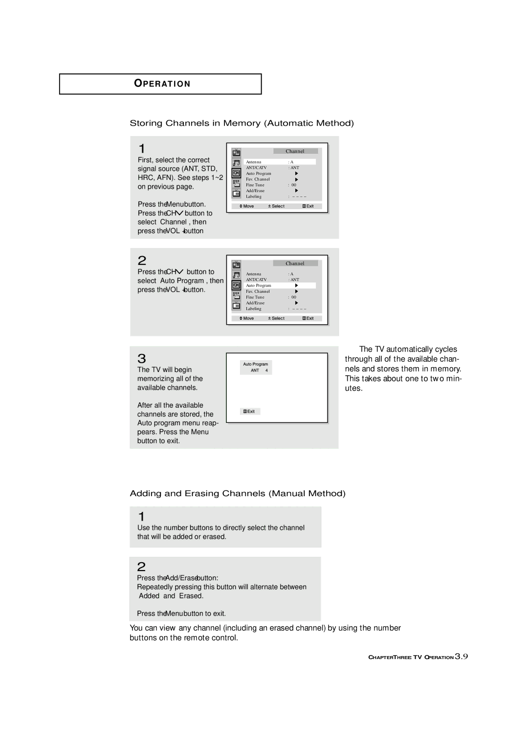 Samsung ST-42W5P manual Storing Channels in Memory Automatic Method, TV automatically cycles 