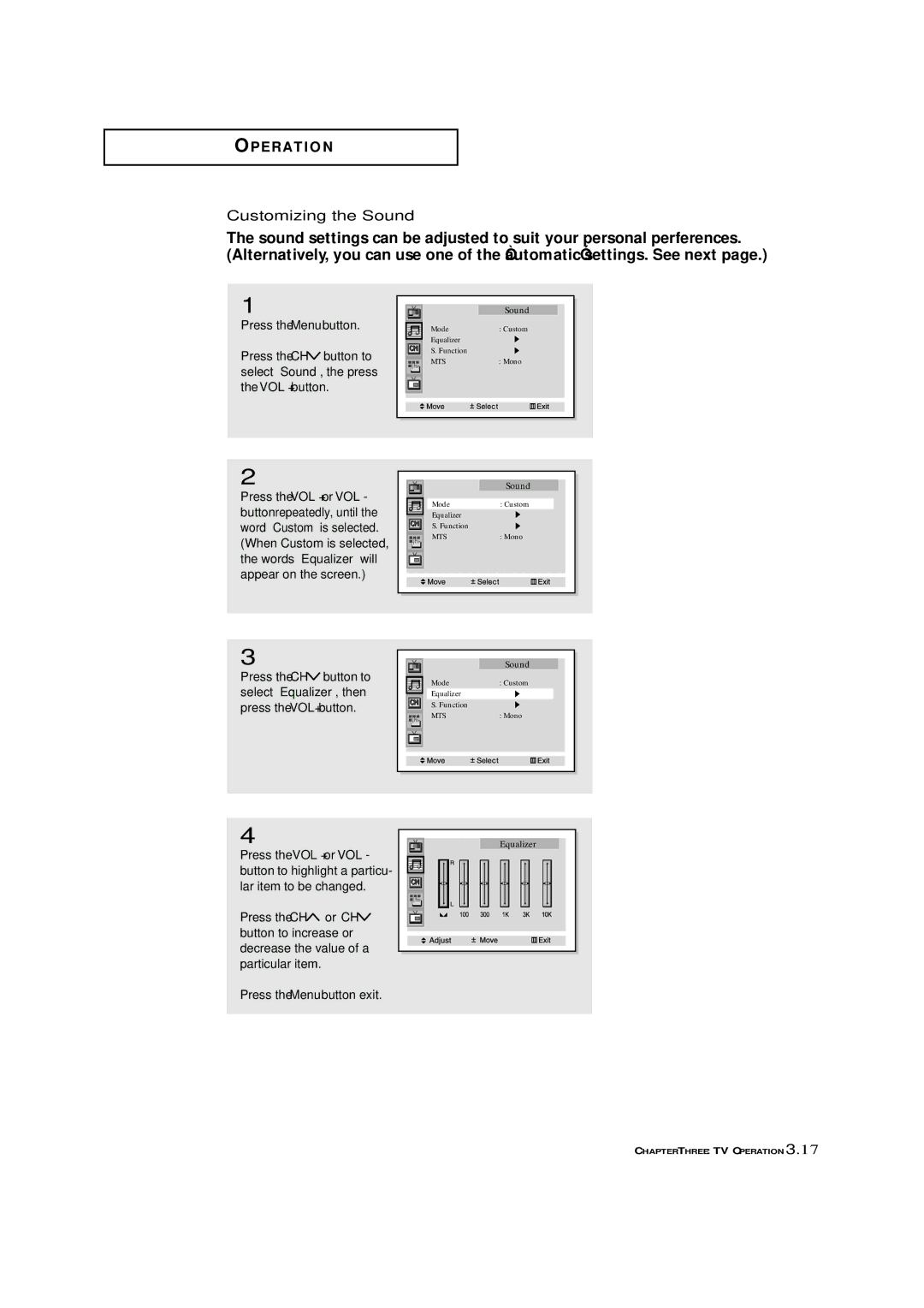 Samsung ST-42W5P manual Customizing the Sound, Press the Menu button exit 