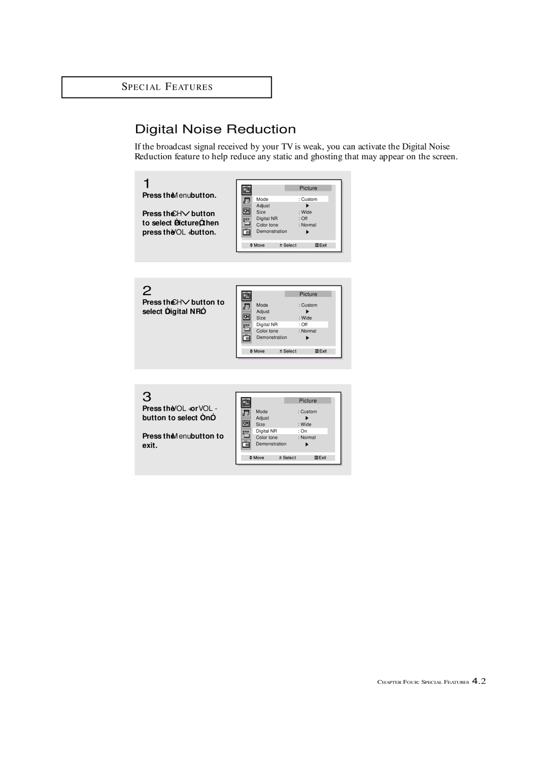 Samsung ST-42W5P manual Digital Noise Reduction, Press the Menu button 