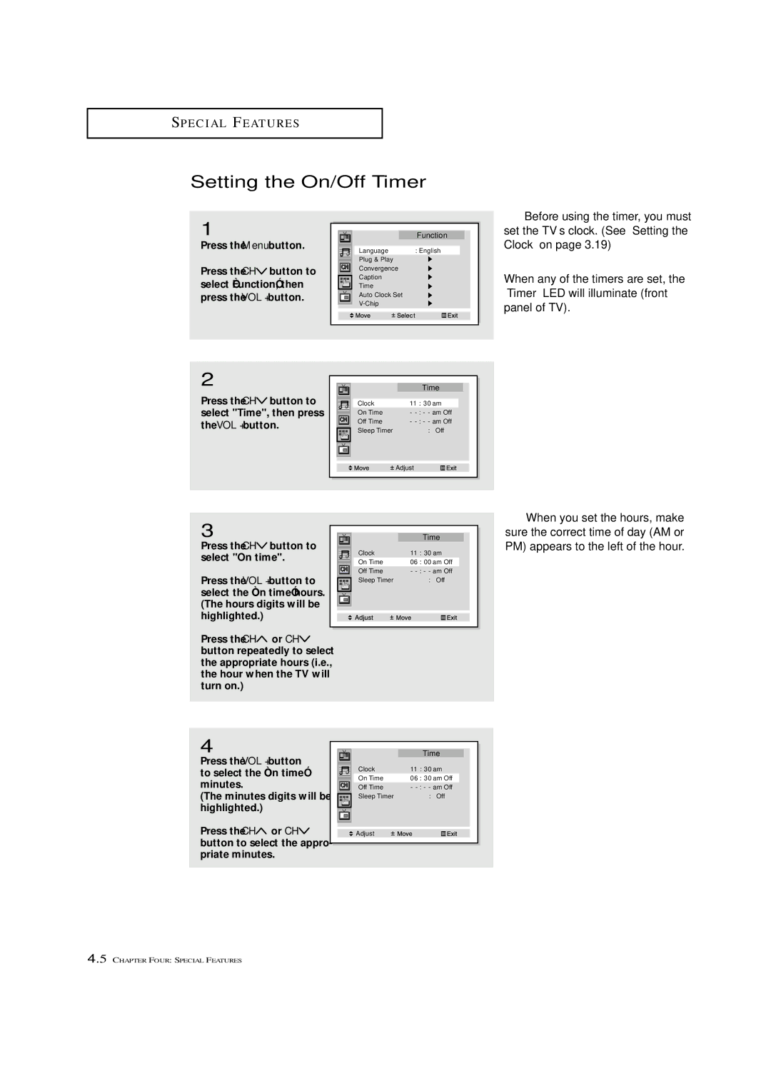 Samsung ST-42W5P manual Setting the On/Off Timer, Before using the timer, you must, Select Function, then 