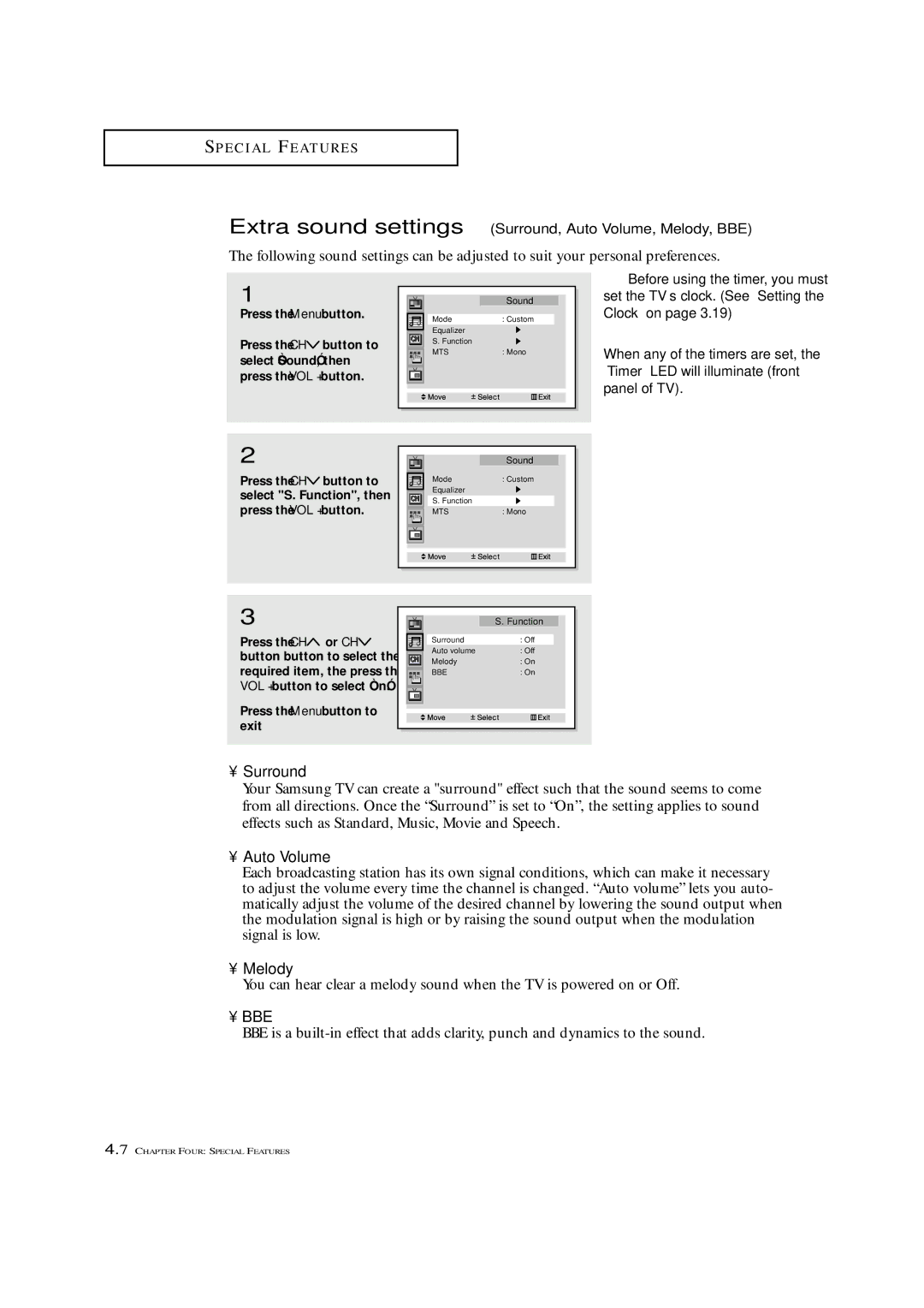 Samsung ST-42W5P manual Extra sound settings Surround, Auto Volume, Melody, BBE 