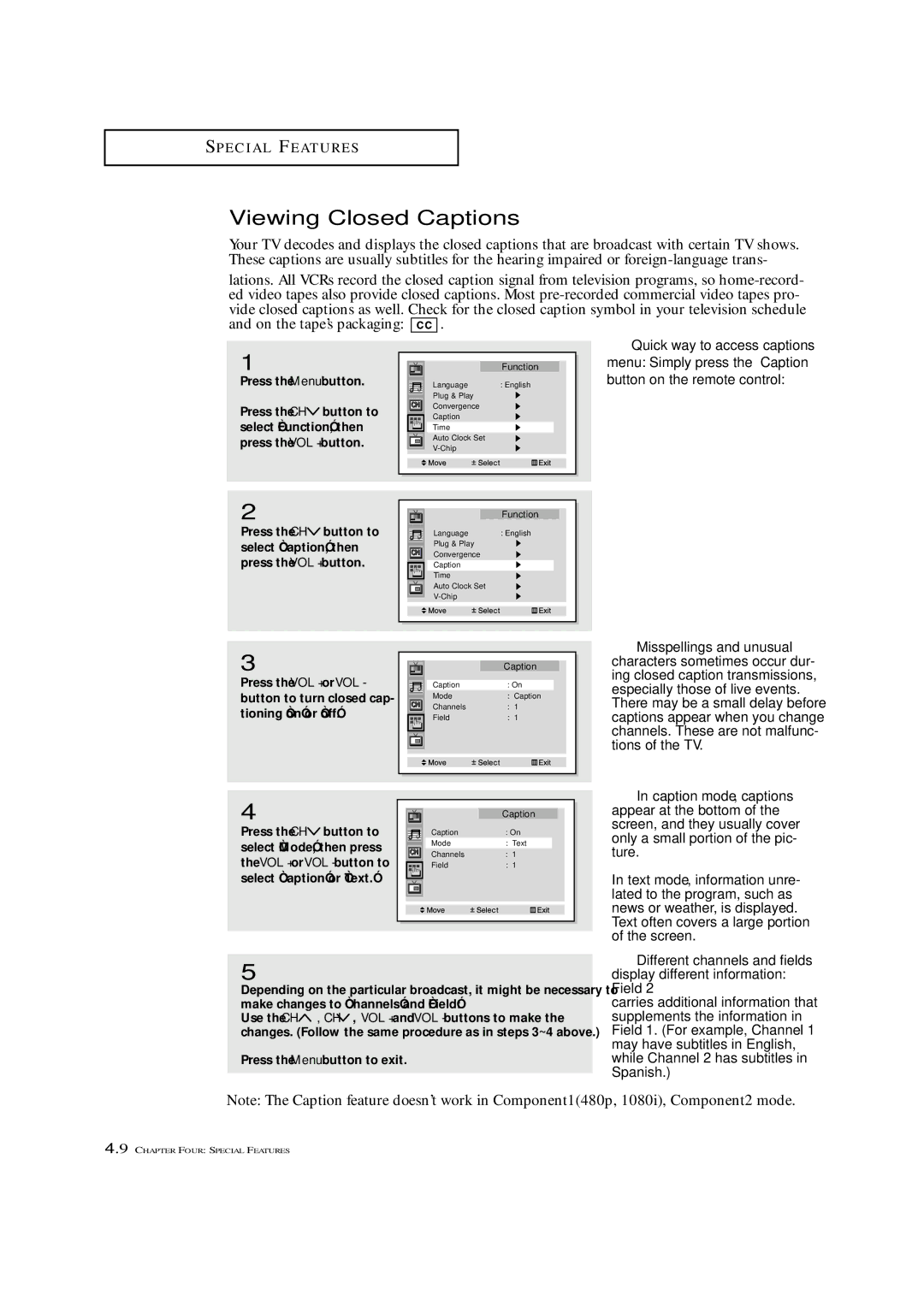 Samsung ST-42W5P Viewing Closed Captions, Different channels and fields, Select Mode, then press, Select Caption or Text 