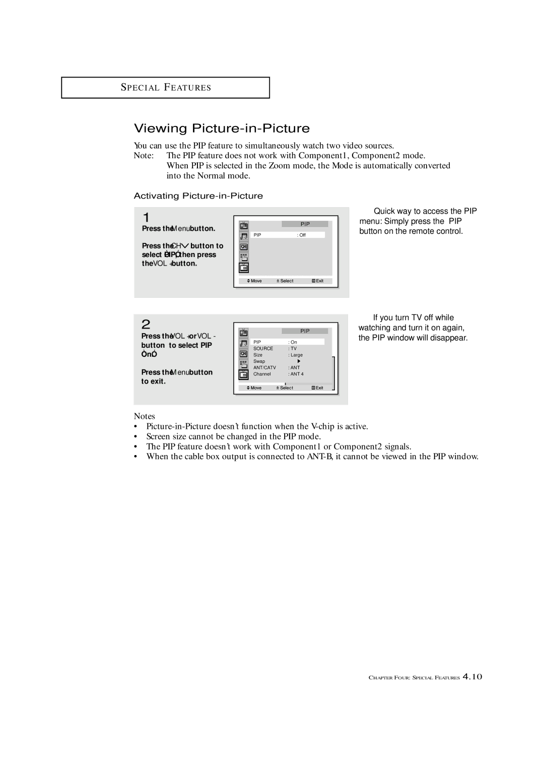 Samsung ST-42W5P manual Viewing Picture-in-Picture, Activating Picture-in-Picture, Quick way to access the PIP 