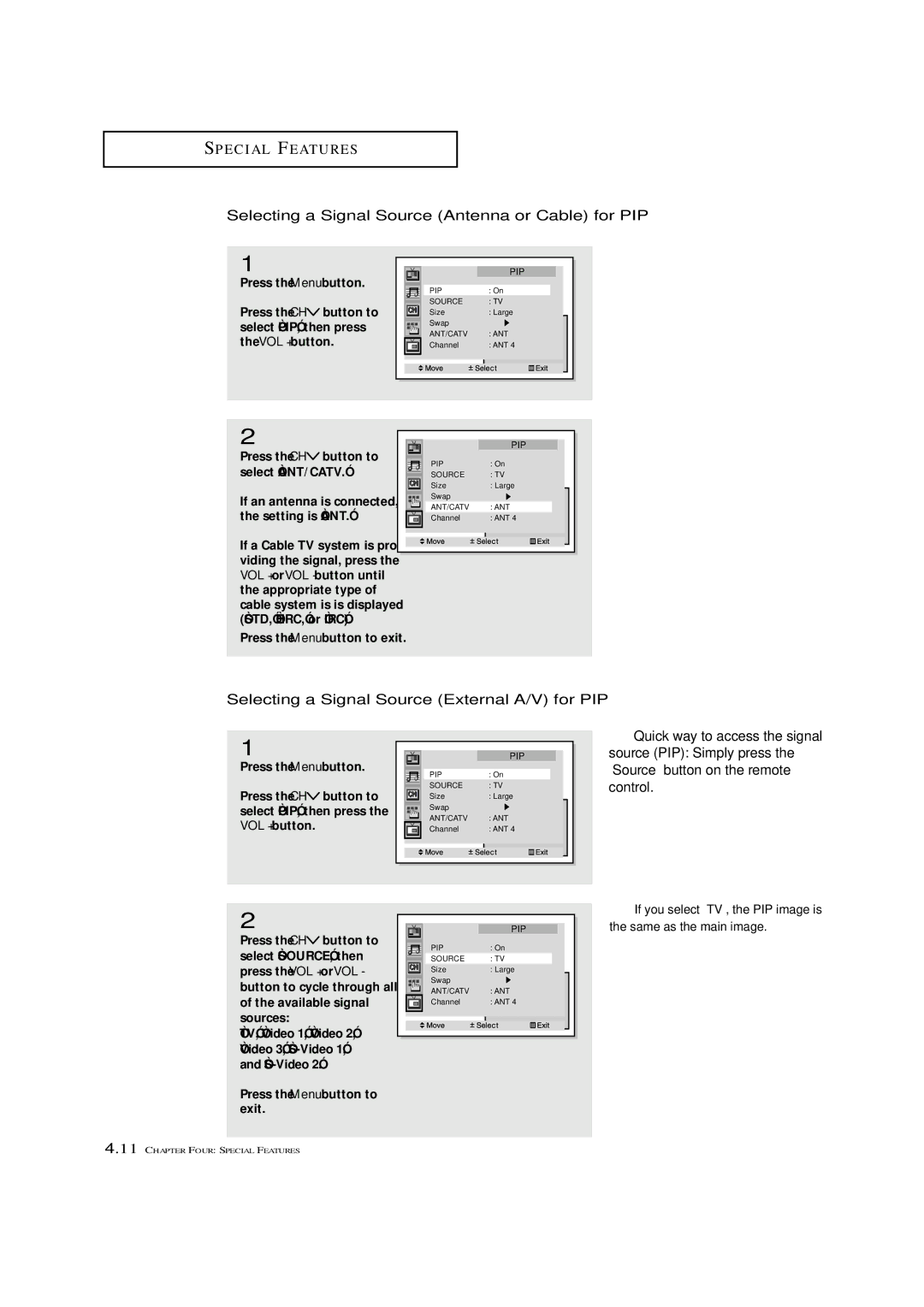 Samsung ST-42W5P manual Selecting a Signal Source Antenna or Cable for PIP, Selecting a Signal Source External A/V for PIP 