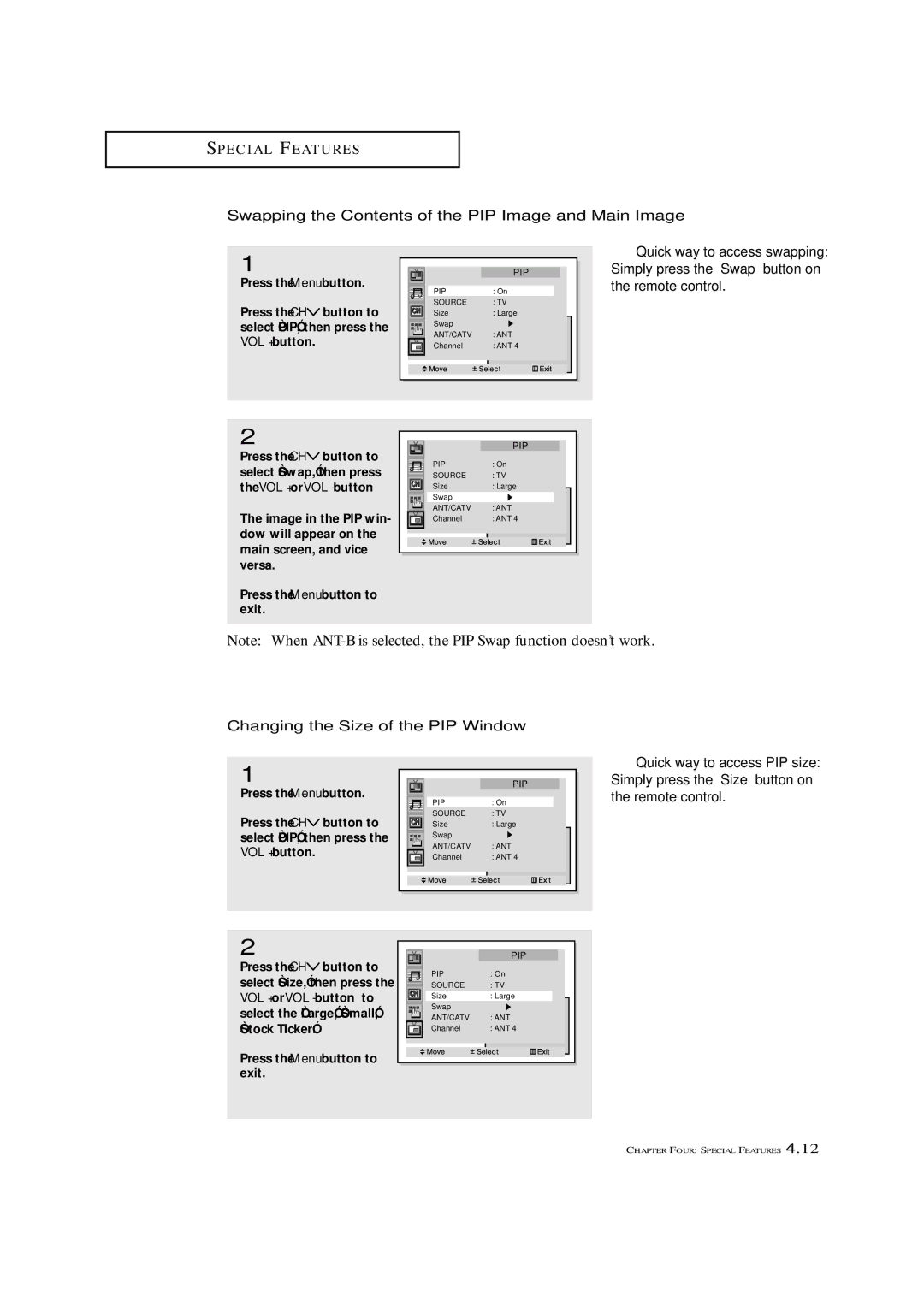 Samsung ST-42W5P manual Swapping the Contents of the PIP Image and Main Image, Changing the Size of the PIP Window 