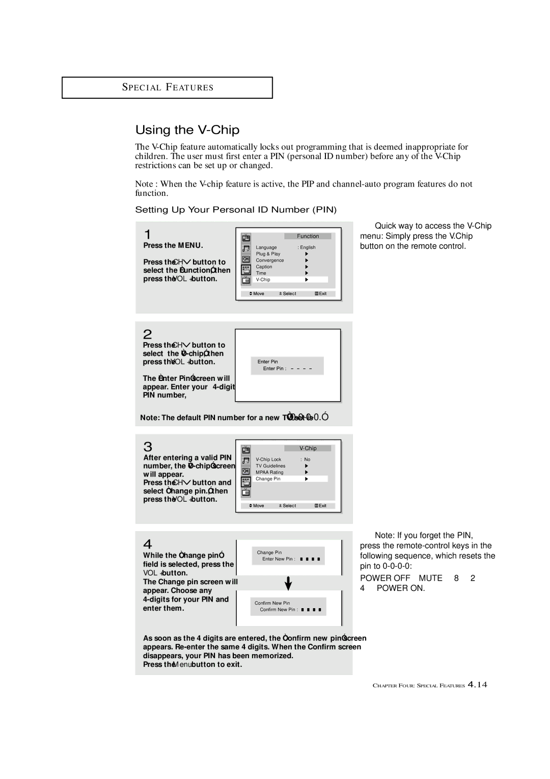 Samsung ST-42W5P manual Using the V-Chip, Setting Up Your Personal ID Number PIN, Quick way to access the V-Chip 