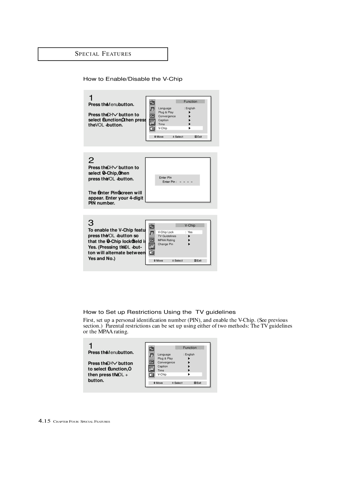 Samsung ST-42W5P manual How to Enable/Disable the V-Chip, How to Set up Restrictions Using the TV guidelines 