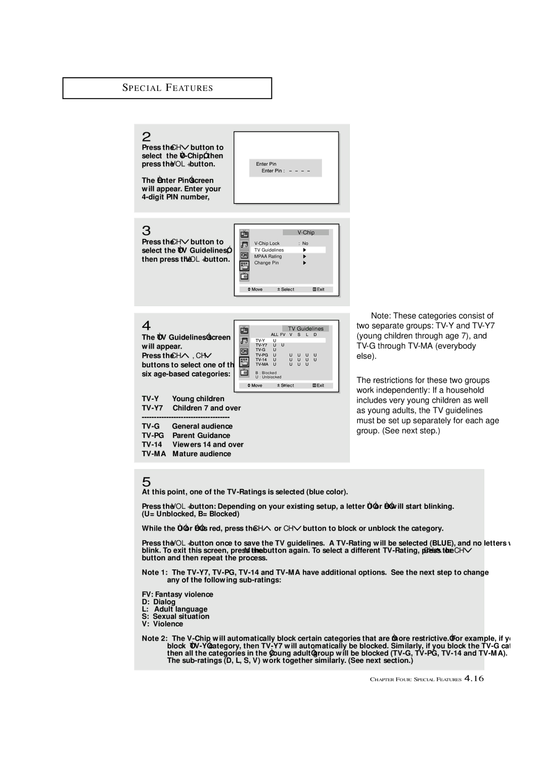 Samsung ST-42W5P manual TV Guidelines screen will appear, General audience, Parent Guidance, TV-14, Mature audience 