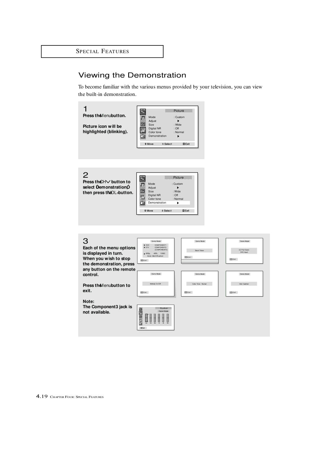 Samsung ST-42W5P manual Viewing the Demonstration, Picture icon will be, Highlighted blinking, Select Demonstration 