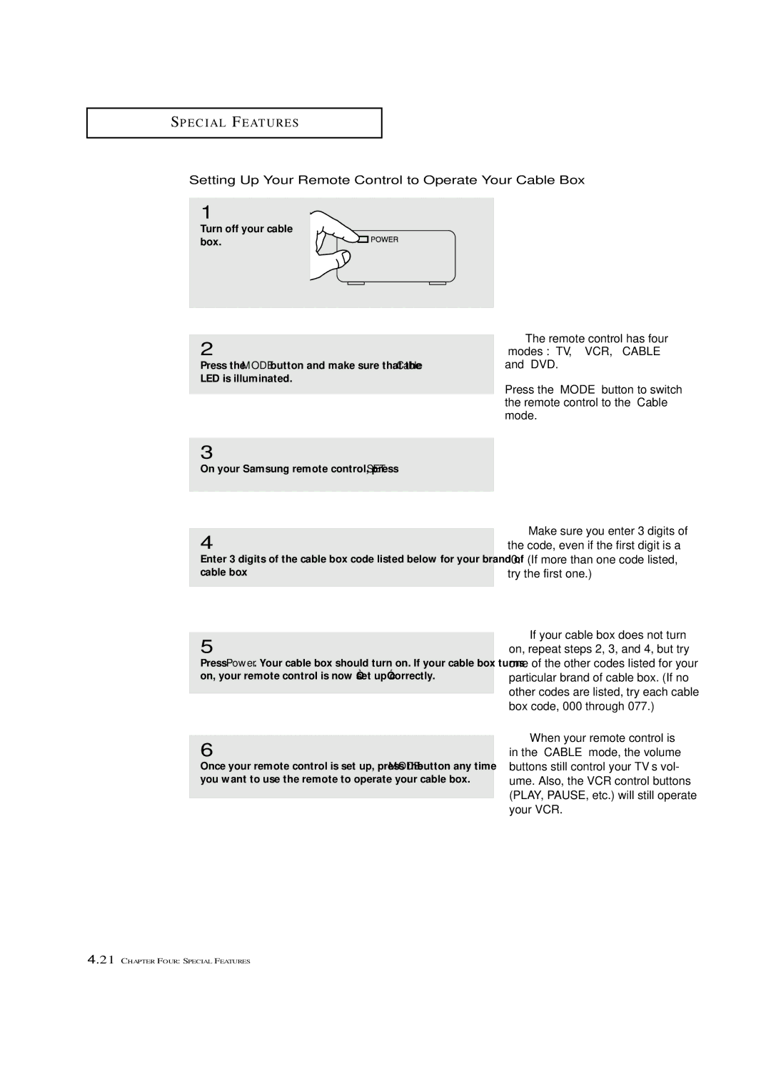 Samsung ST-42W5P manual Setting Up Your Remote Control to Operate Your Cable Box 